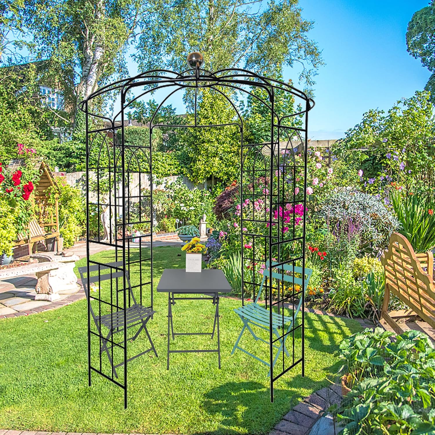 Metal Gazebo Birdcage Shape, Garden Trellis Arbor Arch for Climbing Plants Stand Rack Pergola Pavilion French Style Wedding Decoration Lawn Vines Roses, 81.3''W x 114.2'' H