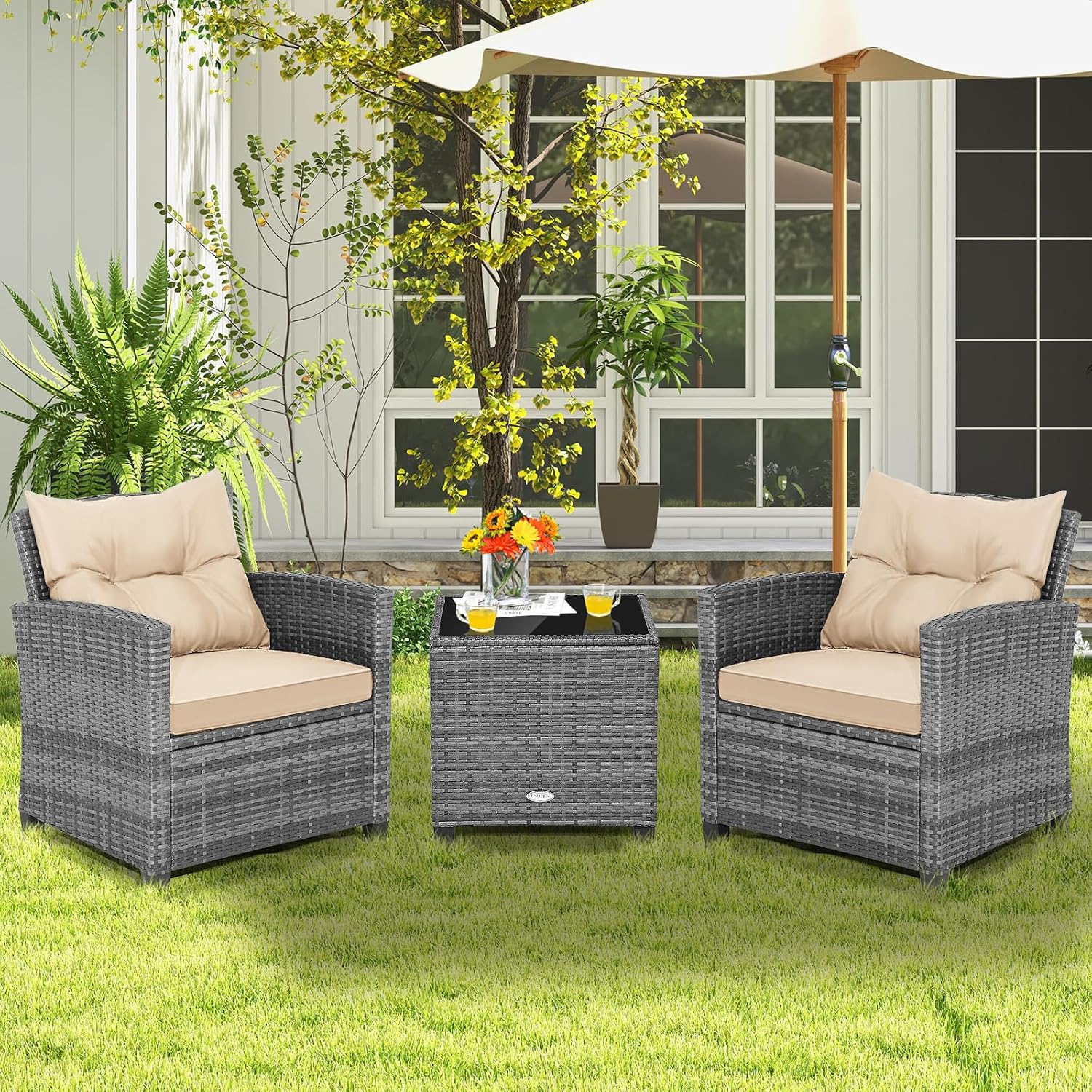 COSTWAY 3PCS Patio Furniture Set, PE Rattan Wicker Sofa w/Washable Cushion and Coffee Table, Tempered Glass Tabletop, Outdoor Conversation Set for Balcony, Porch, Yard, Backyard, Lawn (Beige)