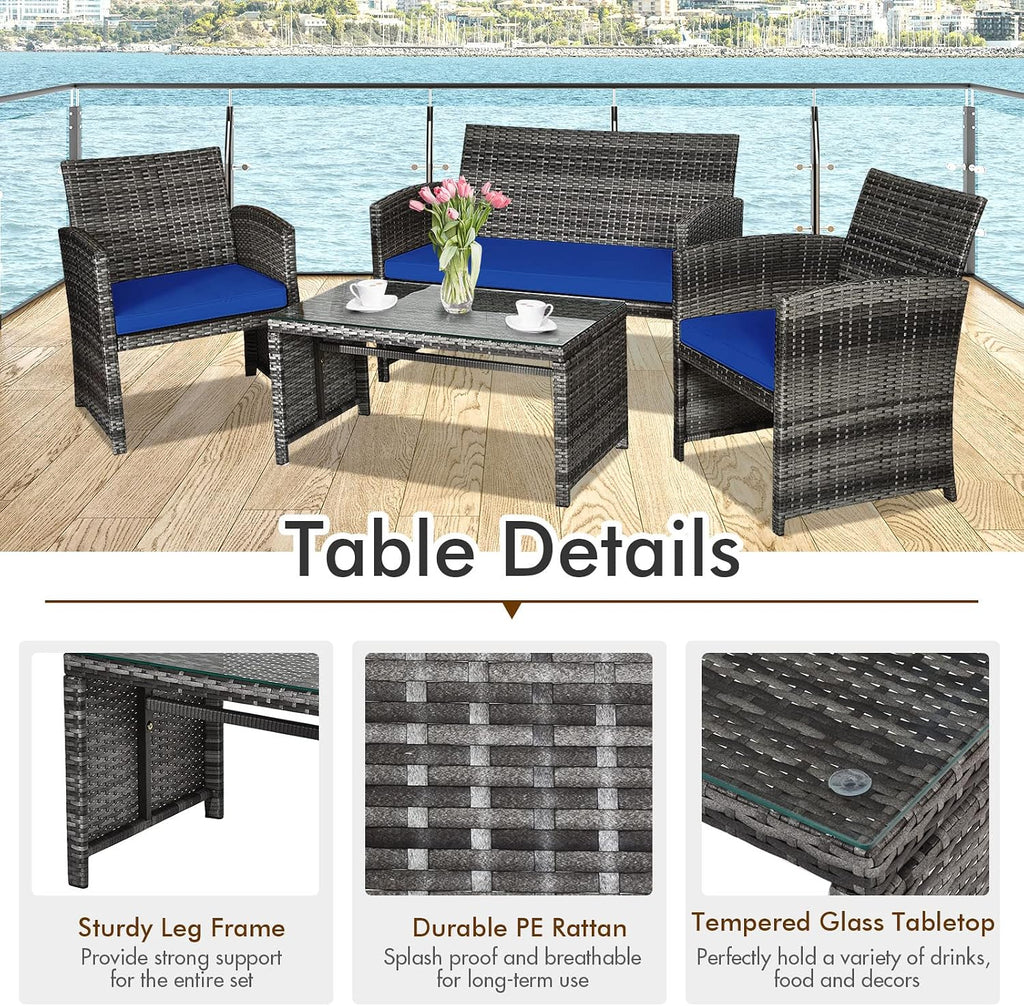 Giantex 4 Pc Patio Conversation Set, Rattan Loveseat & Patio Chairs with Cushioned Seat, Wicker Coffee Table, Outdoor Furniture Set for Front Porch Poolside Garden Lawn