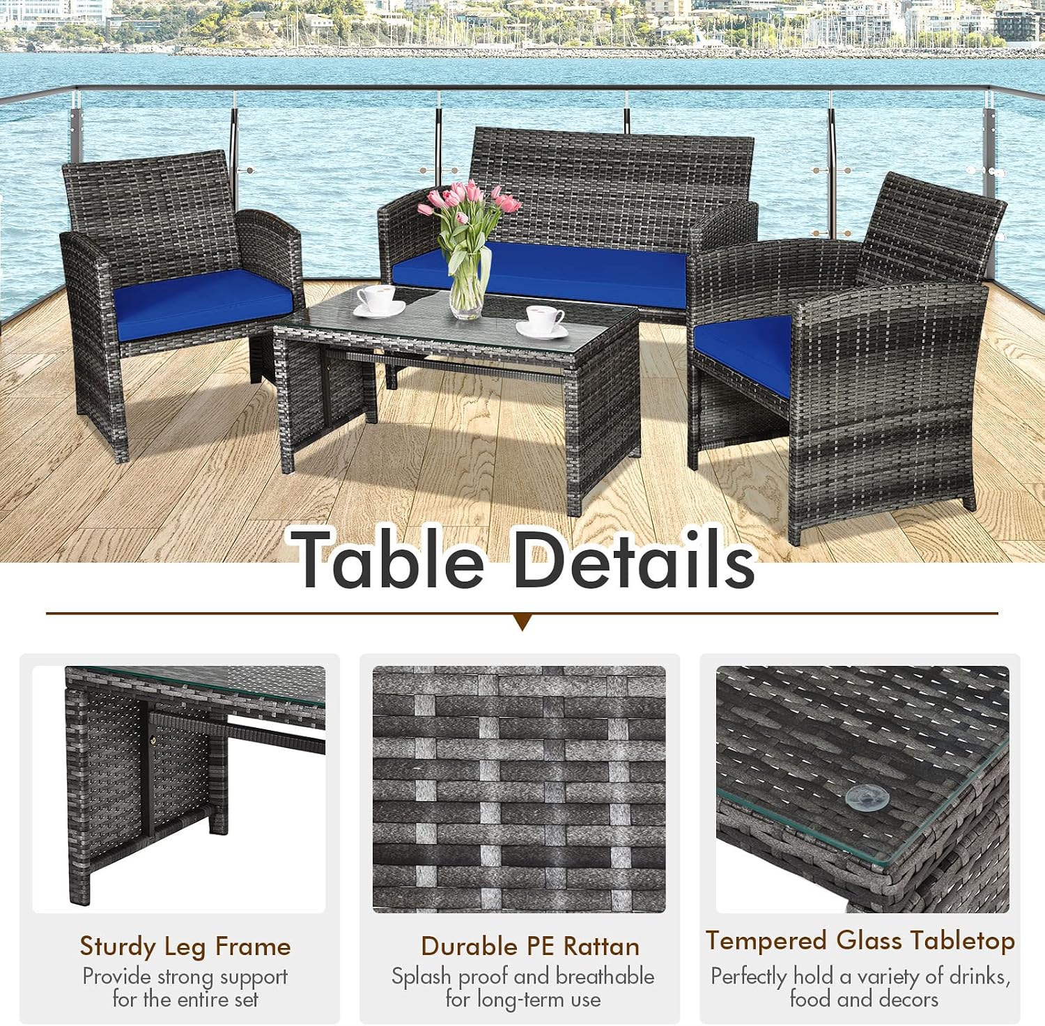 Giantex 4 Pc Patio Conversation Set, Rattan Loveseat & Patio Chairs with Cushioned Seat, Wicker Coffee Table, Outdoor Furniture Set for Front Porch Poolside Garden Lawn