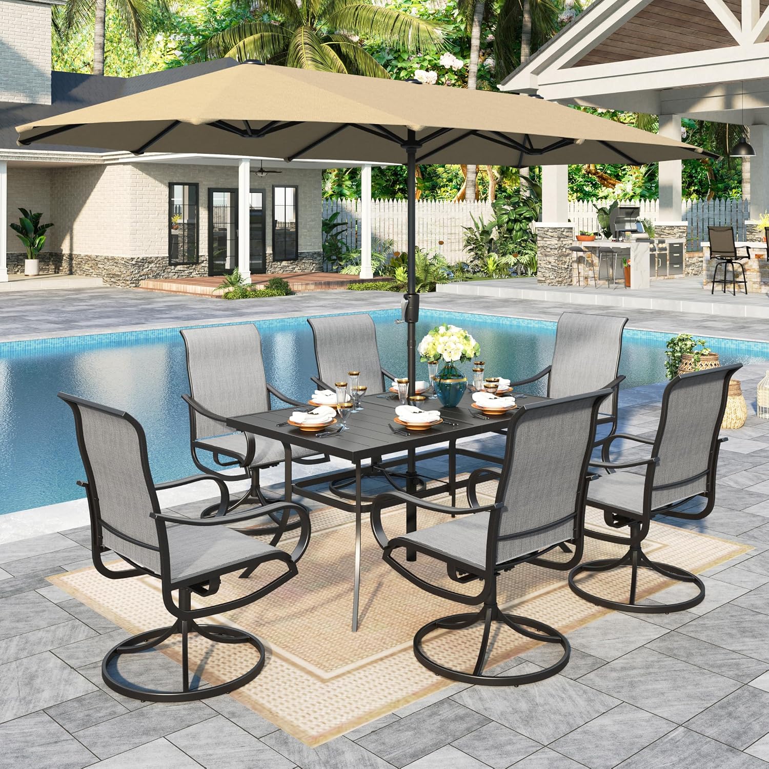Sophia & William Patio Set with Umbrella 8 Pieces Outdoor Dining Set for 6 with 13ft Large Patio Umbrella Beige, 6 x Grey Swivel Patio Chairs with 59' Dining Table for Lawn Garden