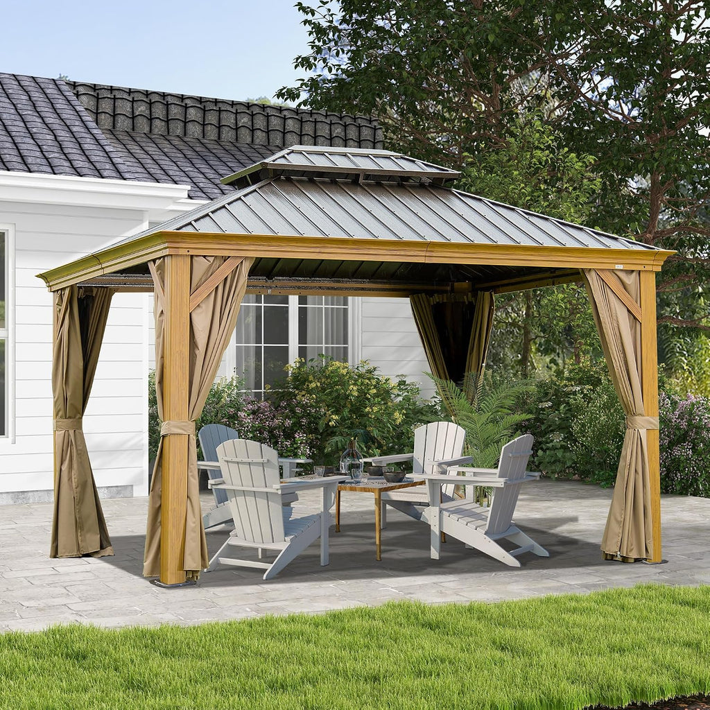 Domi 10' X 14' Hardtop Gazebo Outdoor Metal Gazebo Canopy with Galvanized Steel Double Roof, Wood Grain Aluminum Frame, Curtains and Netting for Patio, Deck, Garden