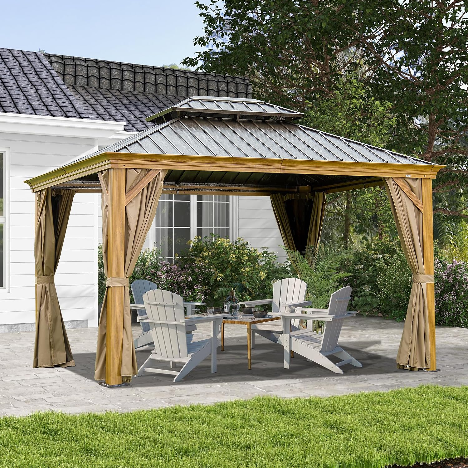 Domi 10' X 14' Hardtop Gazebo Outdoor Metal Gazebo Canopy with Galvanized Steel Double Roof, Wood Grain Aluminum Frame, Curtains and Netting for Patio, Deck, Garden