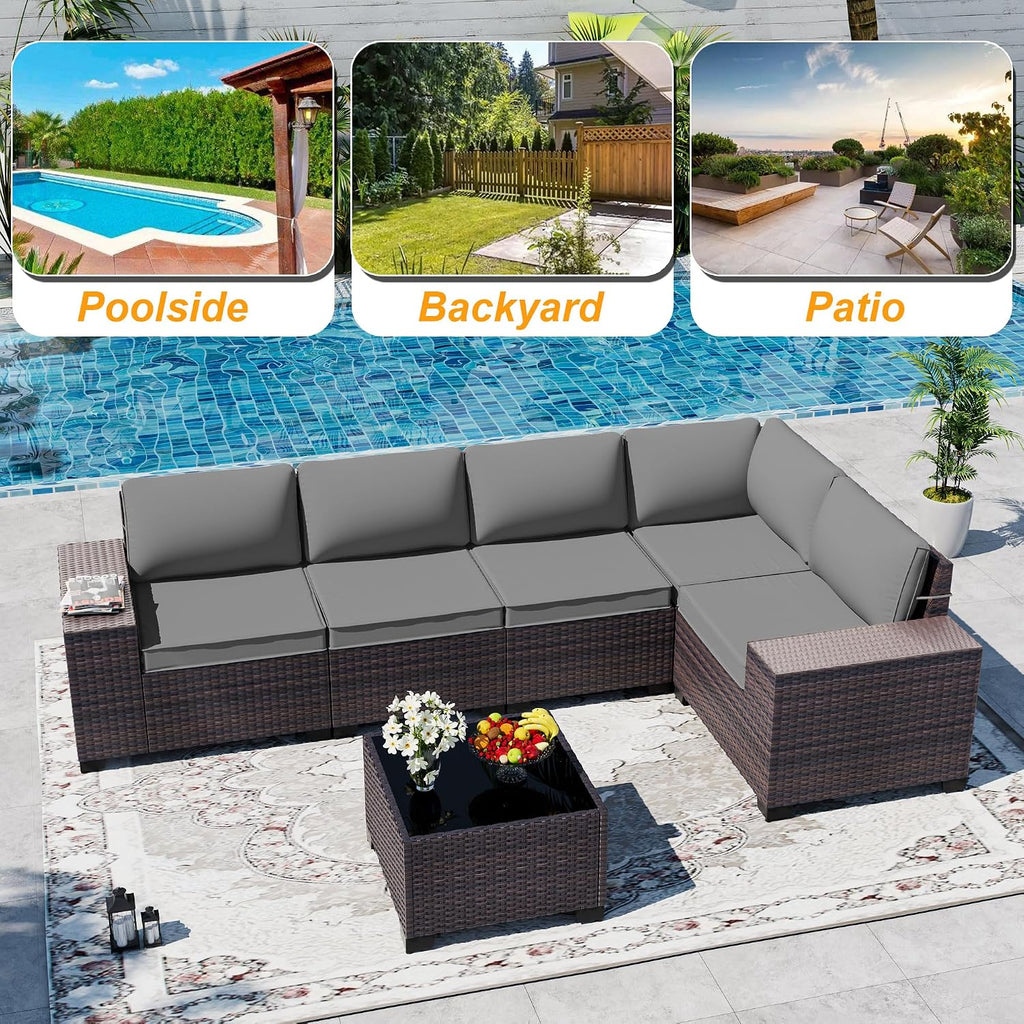 Outdoor Patio Furniture Set, 6 Pieces Outdoor Sectional Furniture High Backrest Patio Sofa, All-Weather PE Rattan Patio Conversation Set with Coffee Table & Cushions
