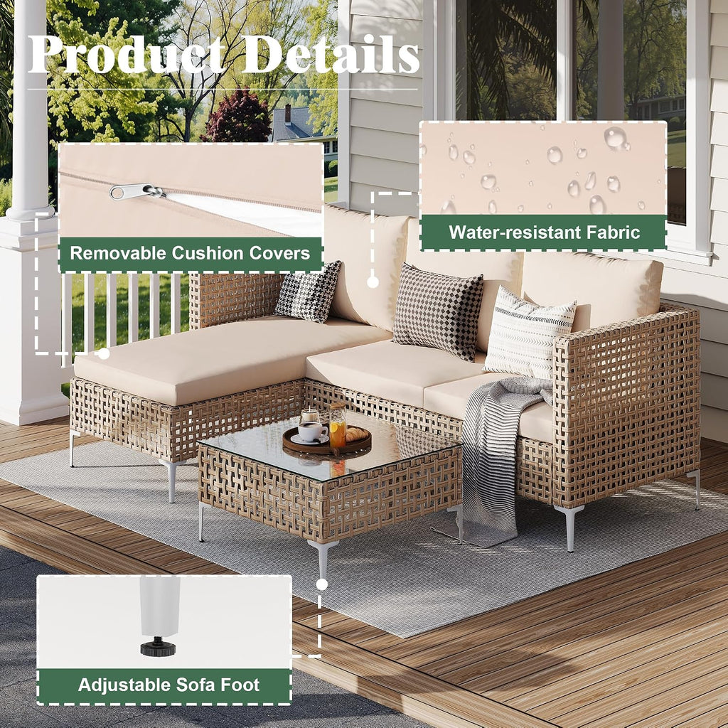 Patio Furniture Set, Small Outdoor Couch with Glass Coffee Table&Thick Cushion, Wicker L-Shaped Patio Couch, All-Weather PE Rattan Conversation Set for Garden, Poolside(3pcs Yellow&Beige)