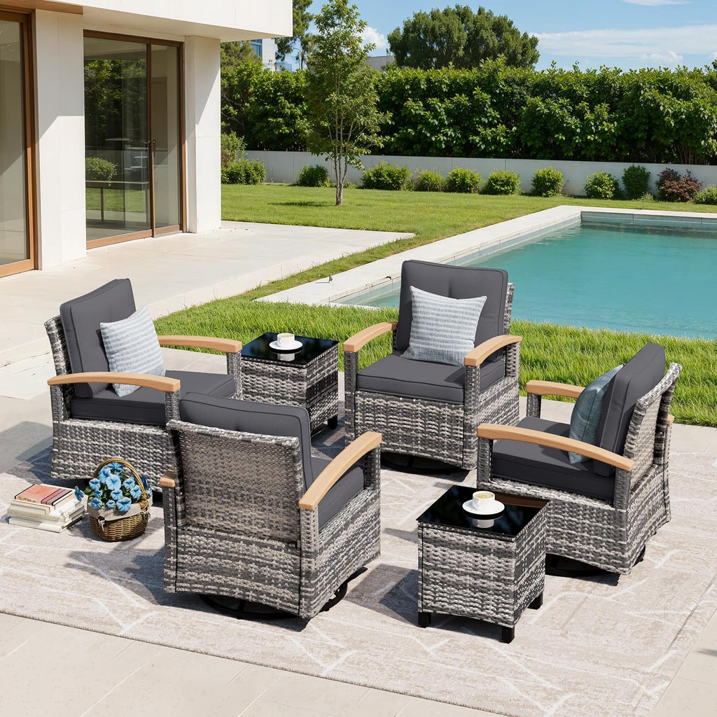 MEISSALIVVE 6 Pieces Patio Furniture Sets, Wicker Patio Conversation Sets with 4 Wood Armrests Swivel Glide Chairs，Outdoor Conversation Set for Deck Yard and Poolside (Grey)