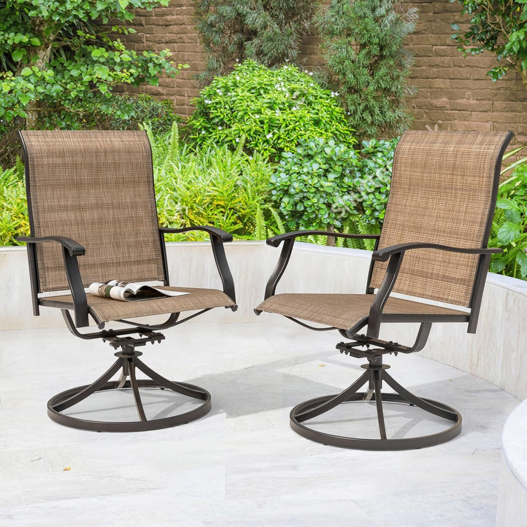 NUU GARDEN Outdoor Swivel Patio Dining Chairs Set of 2, All-Weather Textilene Dining Chairs with Metal Frame for Patio, Lawn, Deck or Backyard, Brown