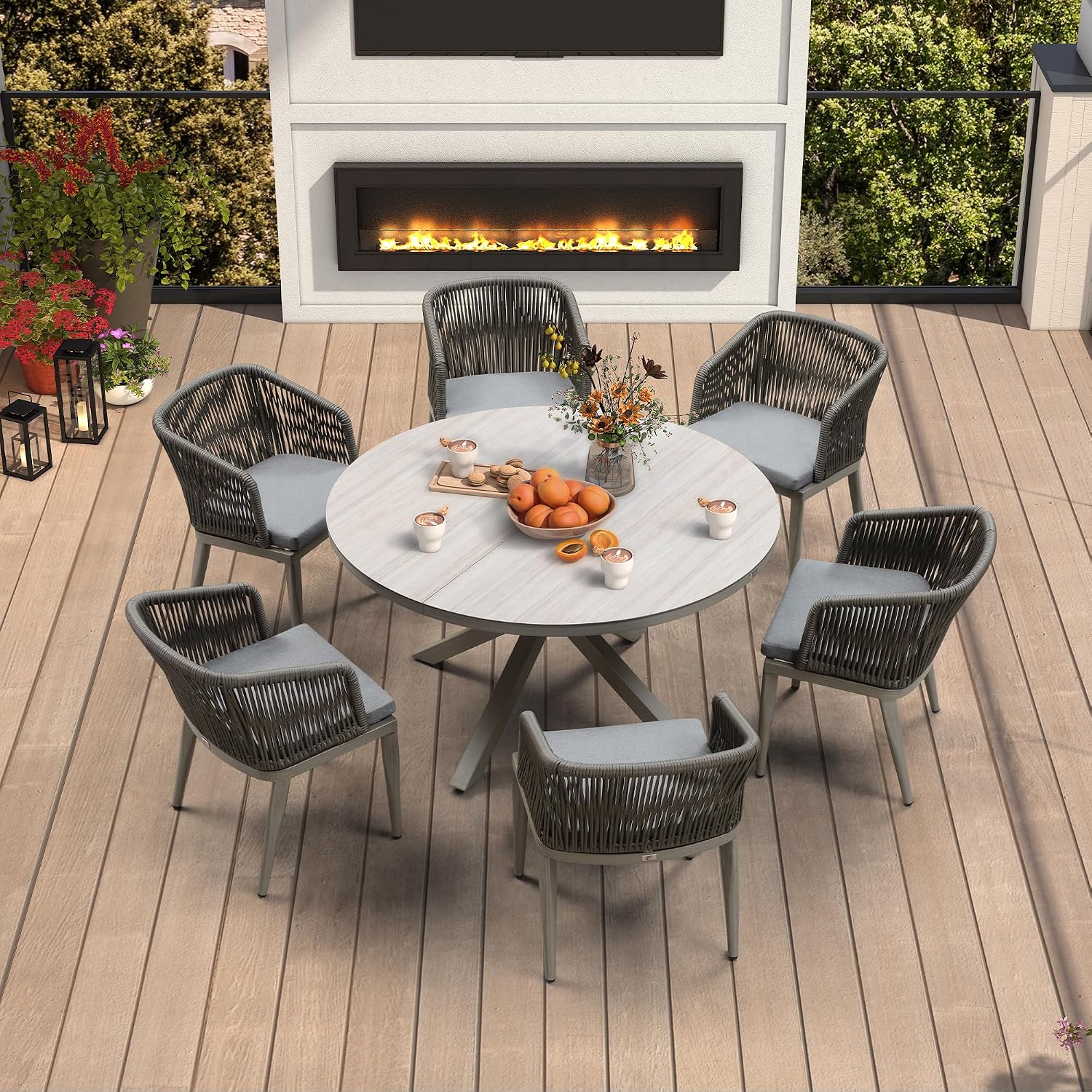 PURPLE LEAF 7 Pieces Round Patio Dining Set Aluminum Frame and Wicker Rattan Round Table and Arm Chairs with Cushions for Garden Porch Kitchen Modern Outdoor Grey
