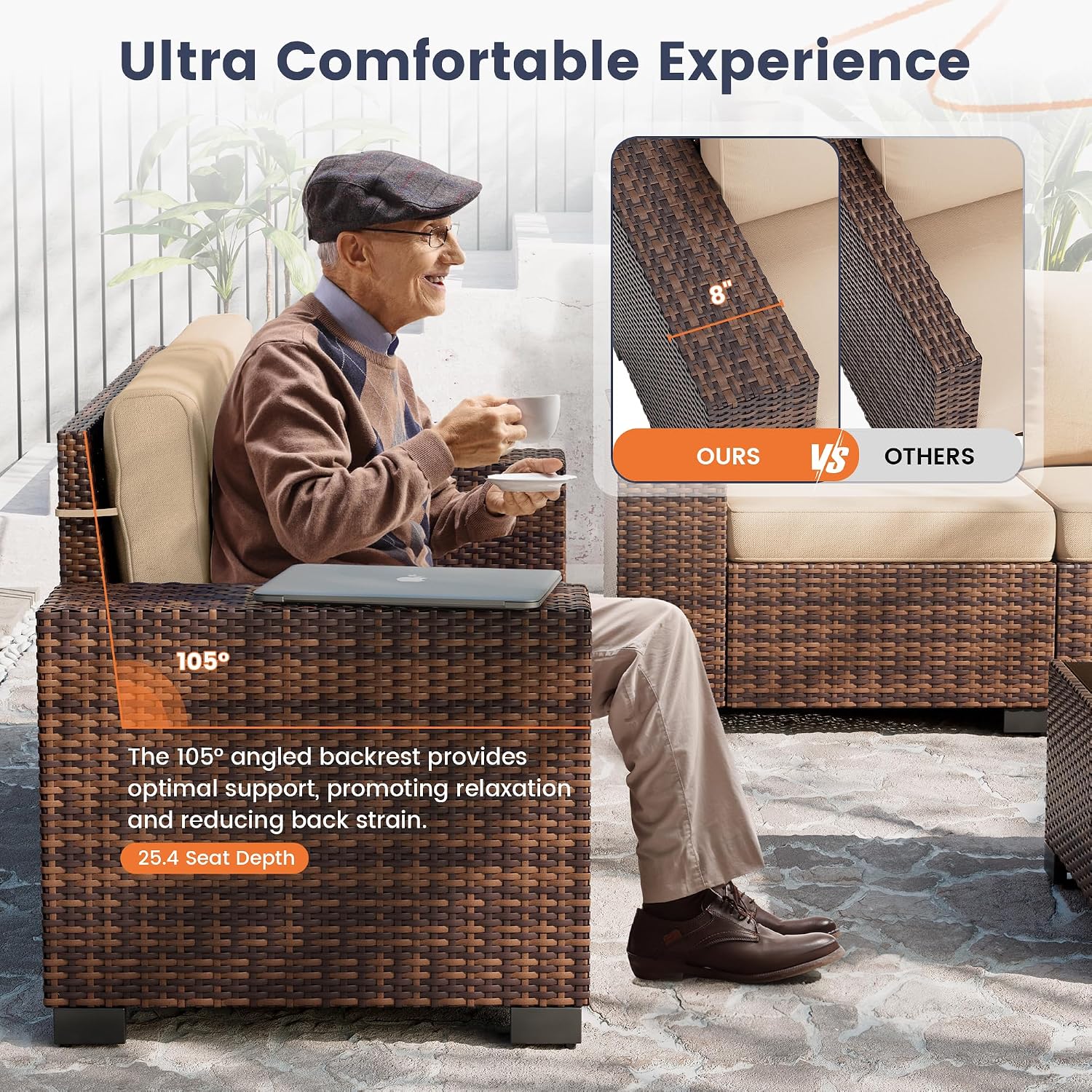 UDPATIO Patio Furniture Set, 8 Inch Armrest Outdoor Sectional Sofa with Wicker Coffee Table, 6 Piece Conversation for Garden, Backyard, Khaki