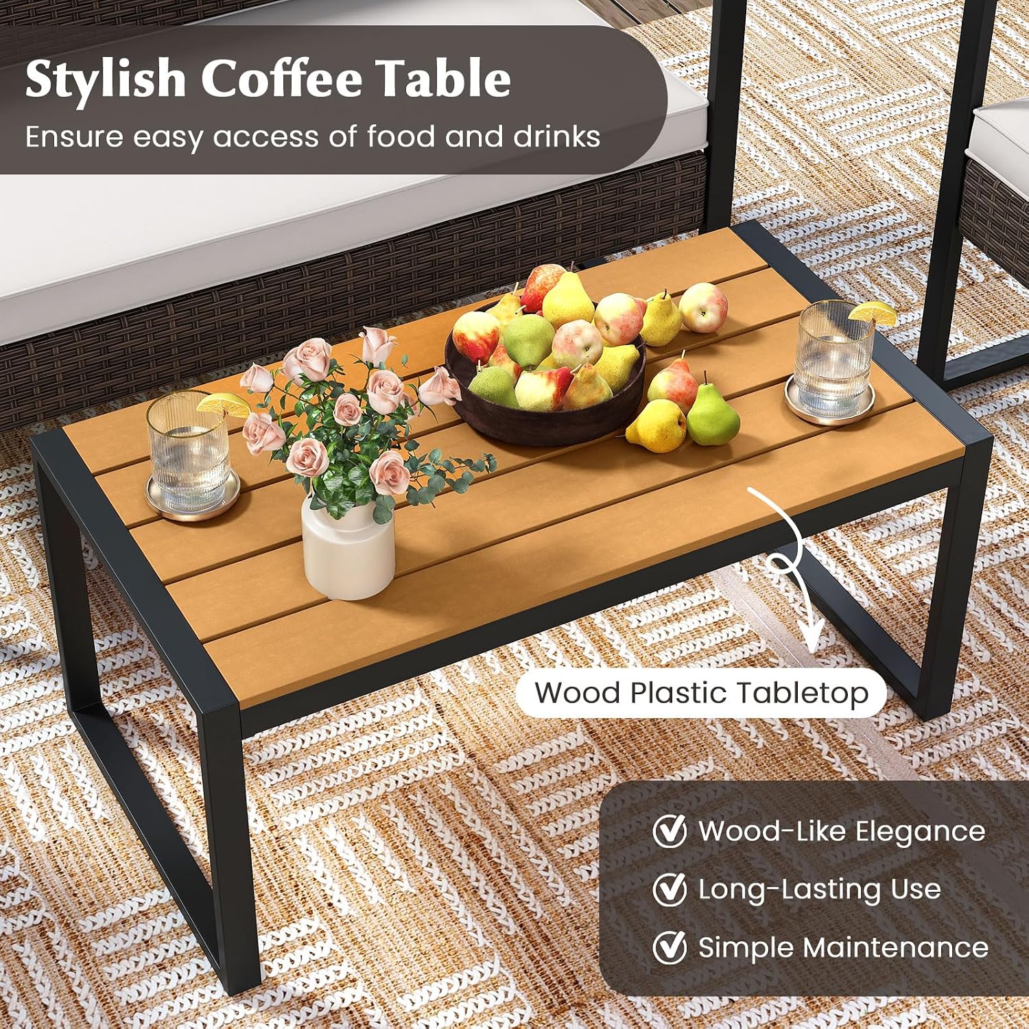 Tangkula 4 Pieces Patio Furniture Set, Outdoor Rattan Conversation Set w/Cushioned Chairs & Wood Plastic Coffee Table, Wicker Sectional Seating Furniture for Backyard, Poolside, Porch (Off White,1)