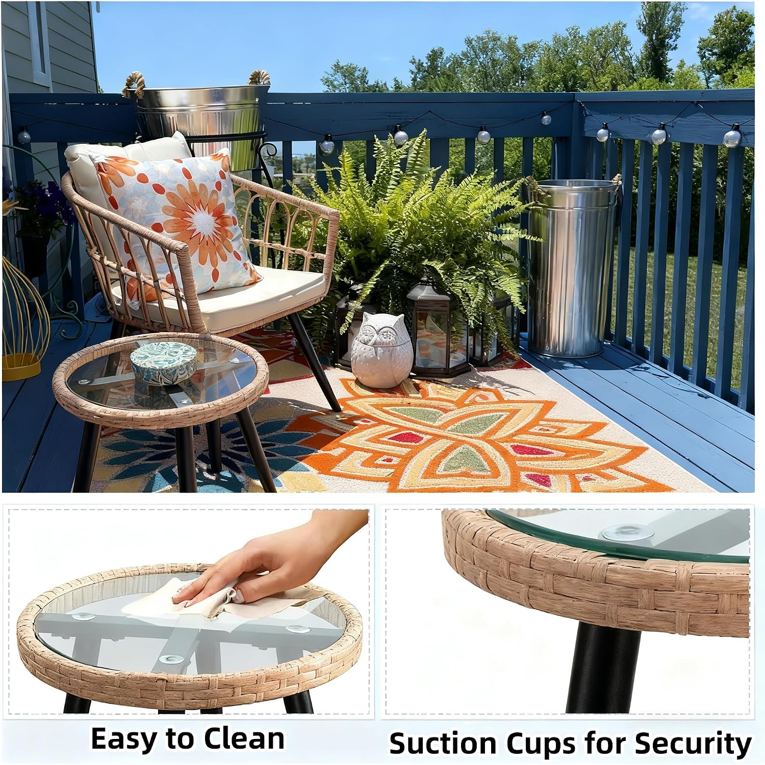 PORWEY 3 Piece Patio Bistro Set, Outdoor Wicker Furniture with Comfortable Cushions, Glass Top Table & 2 Rattan Chairs for Balcony, Apartment, Backyard, Porch, Deck, Beige