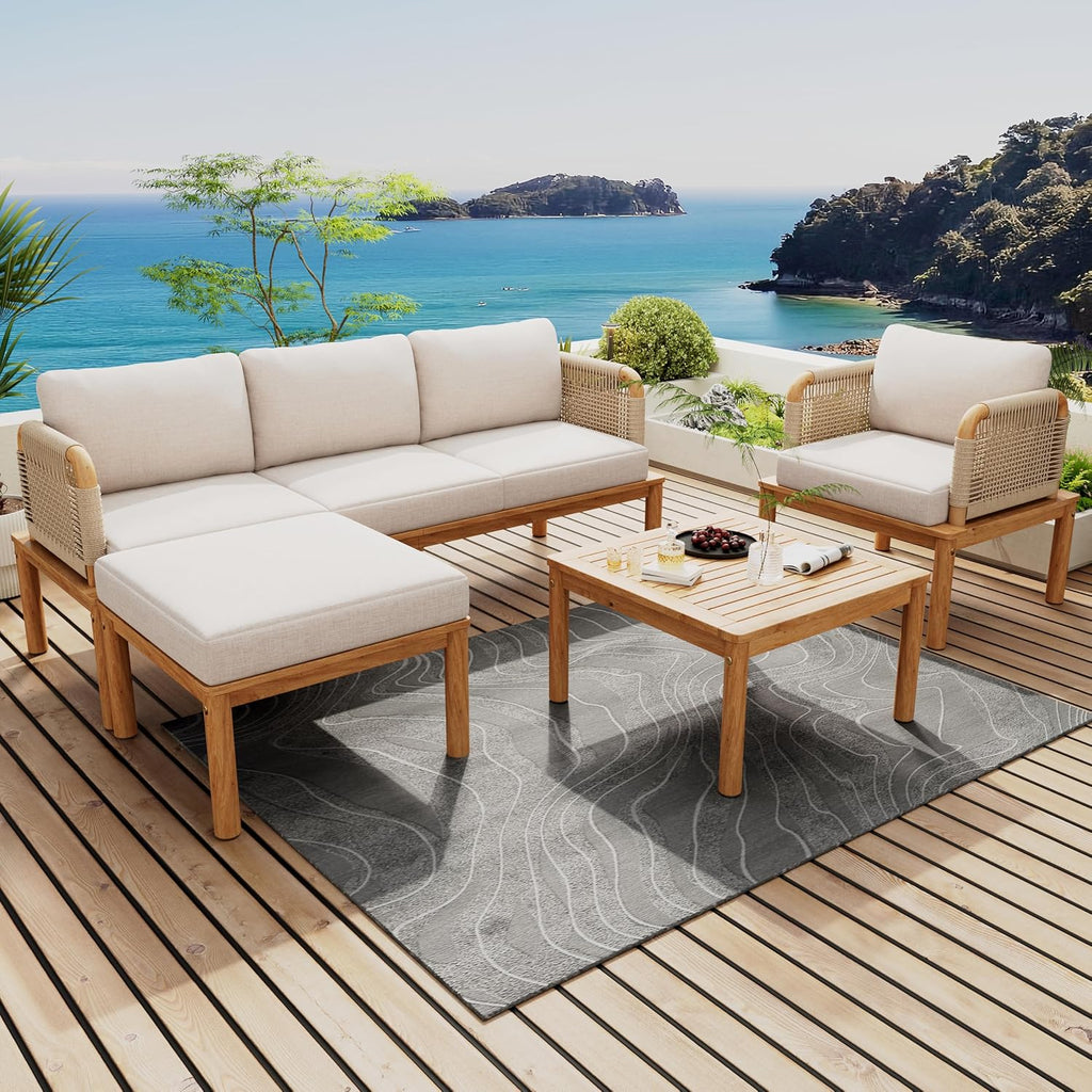 Acacia Wood Patio Multi-Person Sofa Set with Coffee Table and Removable Cushion, All-Weather Conversation Set Outdoor Seating for Garden Backyard Poolside Balcony (Teak+Beige-4PCS)