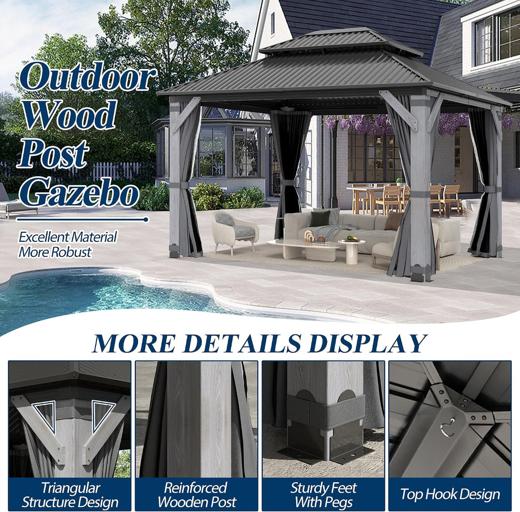 COVERONICS 10'x12' Outdoor Wood Gazebo - Hardtop Wooden Gazebo with Galvanized Steel Roof, Heavy-Duty Pavilion with Netting & Curtains for Garden, Poolside, Deck, Backyard