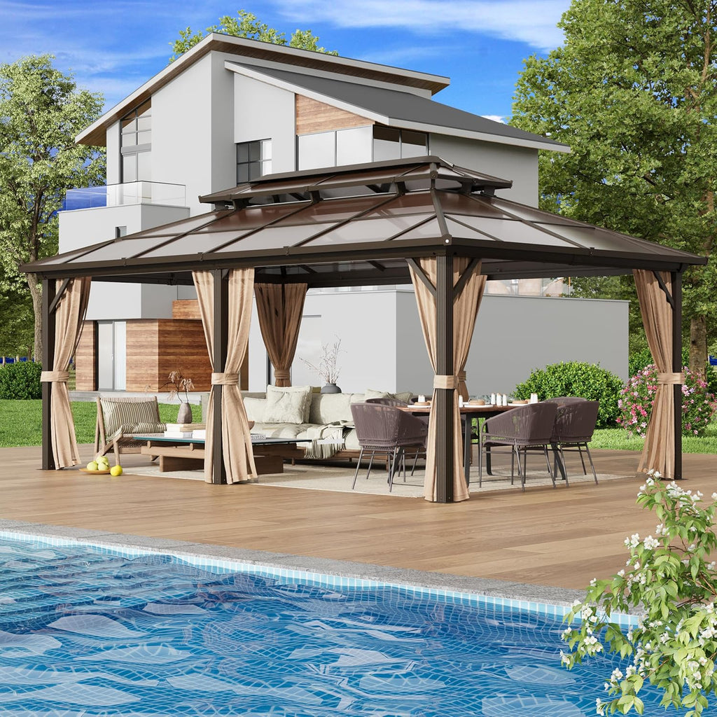 EROMMY 12' x 20' Gazebo Polycarbonate Double Roof Canopy with Aluminum Frame, Outdoor Permanent Metal Pavilion with Netting and Curtains for Garden Patio Lawns