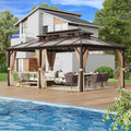EROMMY 12' x 20' Gazebo Polycarbonate Double Roof Canopy with Aluminum Frame, Outdoor Permanent Metal Pavilion with Netting and Curtains for Garden Patio Lawns