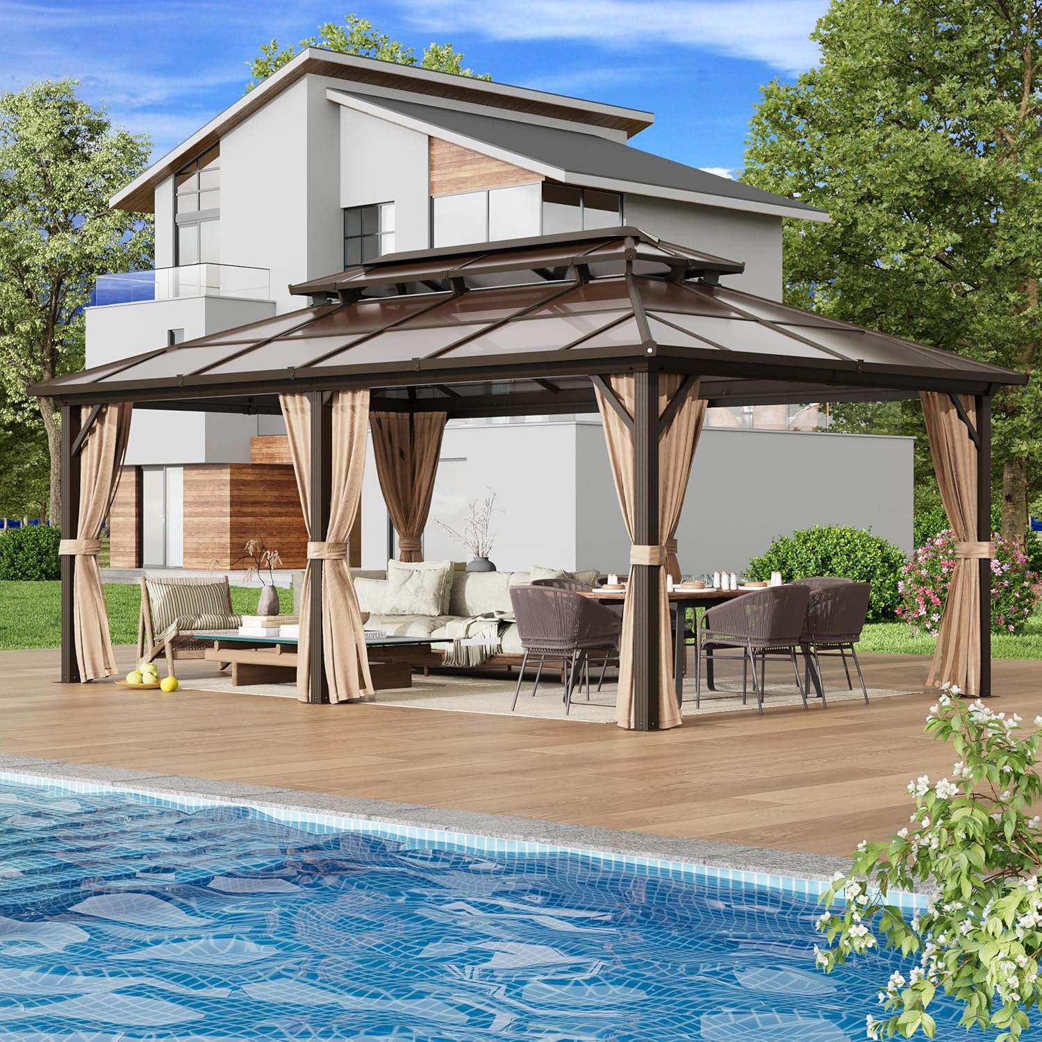 EROMMY 12' x 20' Gazebo Polycarbonate Double Roof Canopy with Aluminum Frame, Outdoor Permanent Metal Pavilion with Netting and Curtains for Garden Patio Lawns