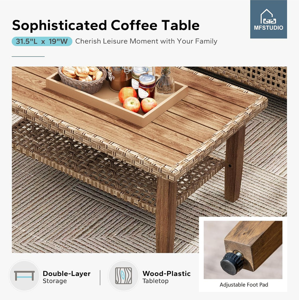 MFSTUDIO Wicker Patio Furniture Set, Rattan Outdoor Couch Sectional Sofa, 5 Pieces Patio Conversation Set with Acacia Wood Coffee Table, Outdoor Rattan Furniture Set for Garden or Balcony, Beige