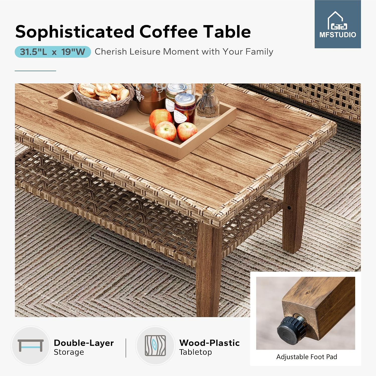 MFSTUDIO Wicker Patio Furniture Set, Rattan Outdoor Couch Sectional Sofa, 5 Pieces Patio Conversation Set with Acacia Wood Coffee Table, Outdoor Rattan Furniture Set for Garden or Balcony, Beige