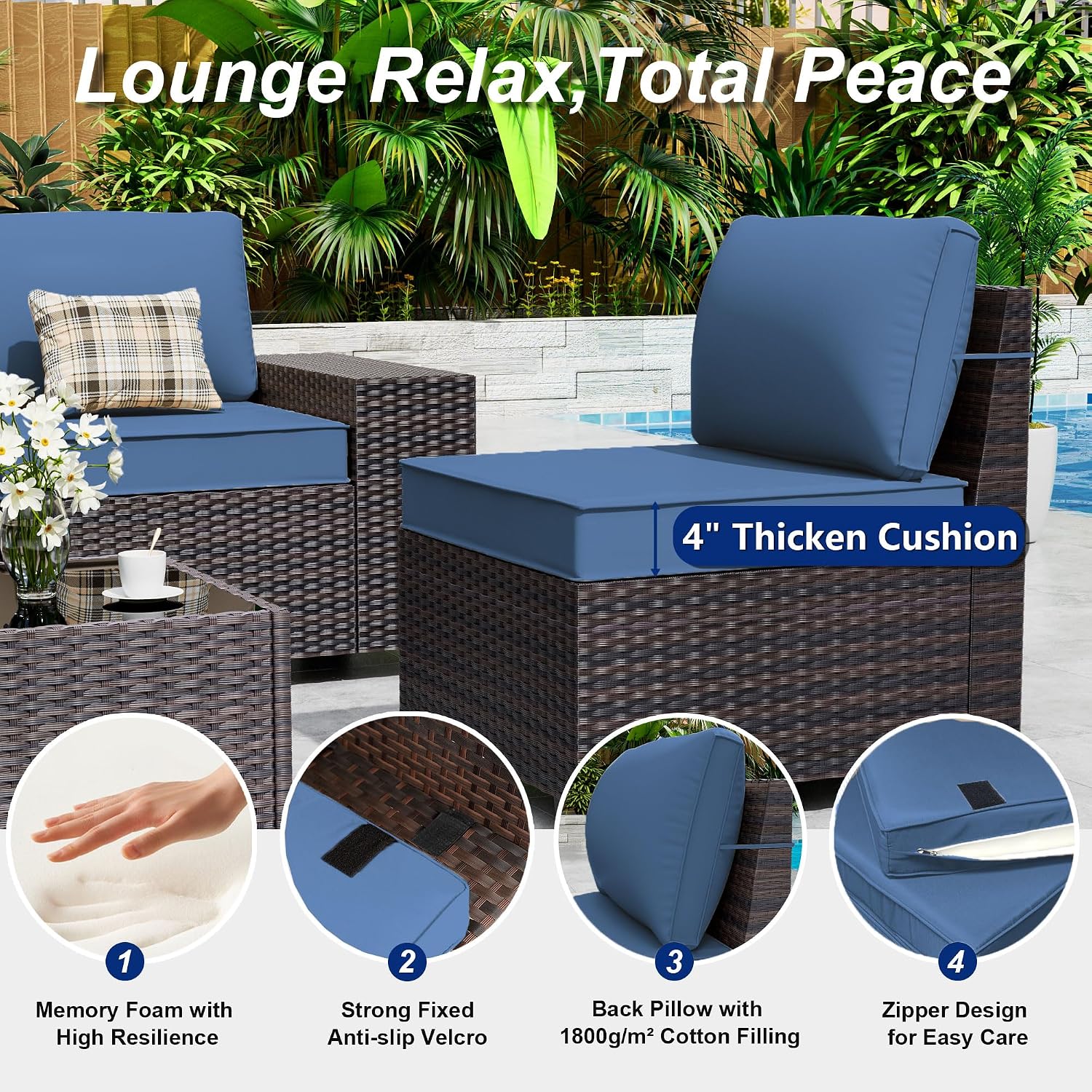 Outdoor Patio Furniture Set with Gas Fire Pit Table, 7 Pieces Patio Furniture Set Outdoor Sectional Sofa w/43in Propane Fire Pit, PE Wicker Rattan Patio Conversation Set - Dark Blue
