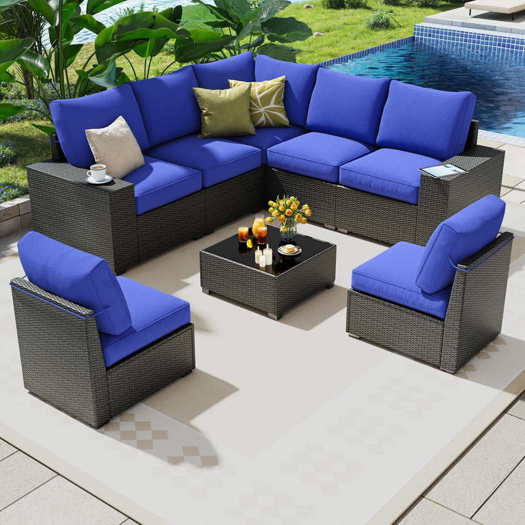 8 Piece Outdoor Patio Furniture Set, Outdoor Sectional Furniture, Rattan & Wicker Modern Modular Conversation Set Sofa Couch W/Water Resistant Washable Thick Cushions and Coffee Table, Coffee/Blue