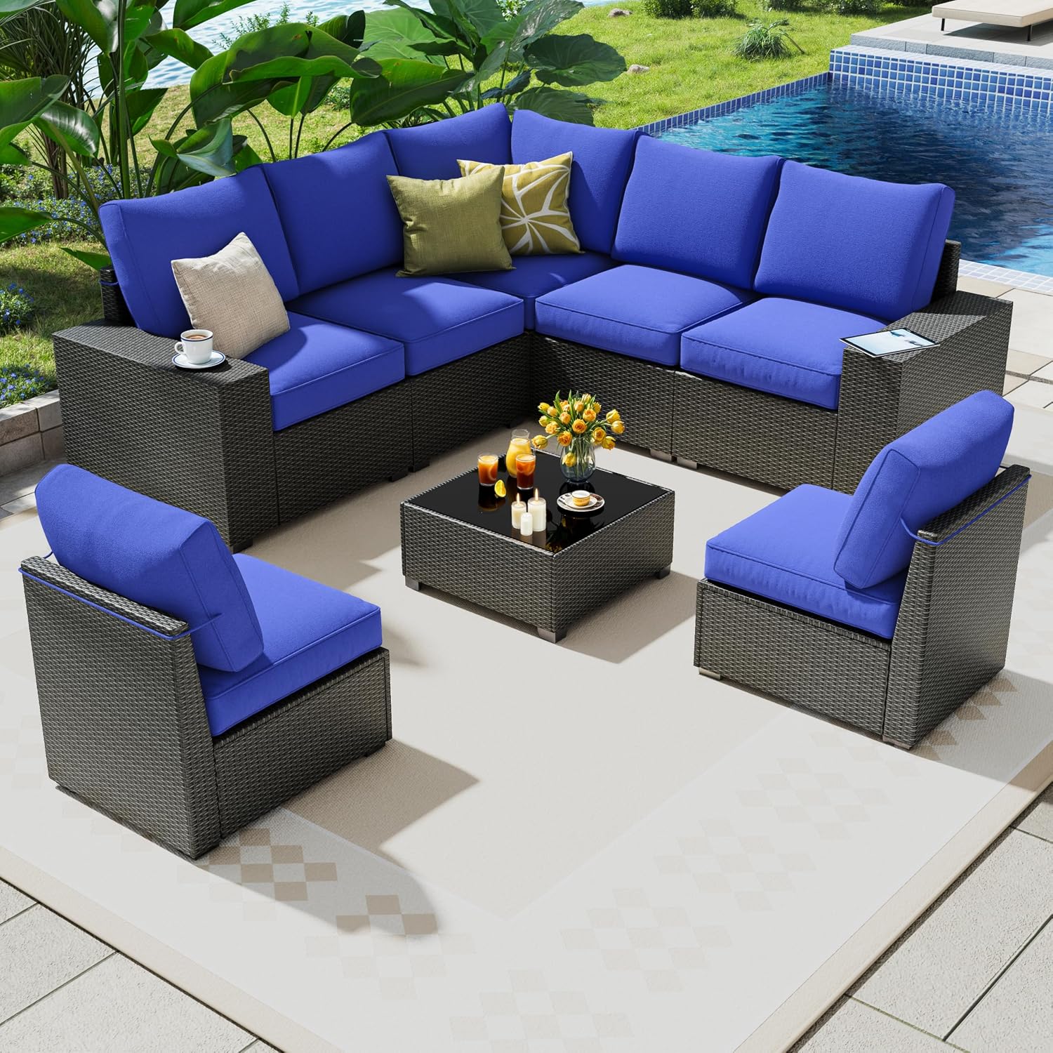 8 Piece Outdoor Patio Furniture Set, Outdoor Sectional Furniture, Rattan & Wicker Modern Modular Conversation Set Sofa Couch W/Water Resistant Washable Thick Cushions and Coffee Table, Coffee/Blue