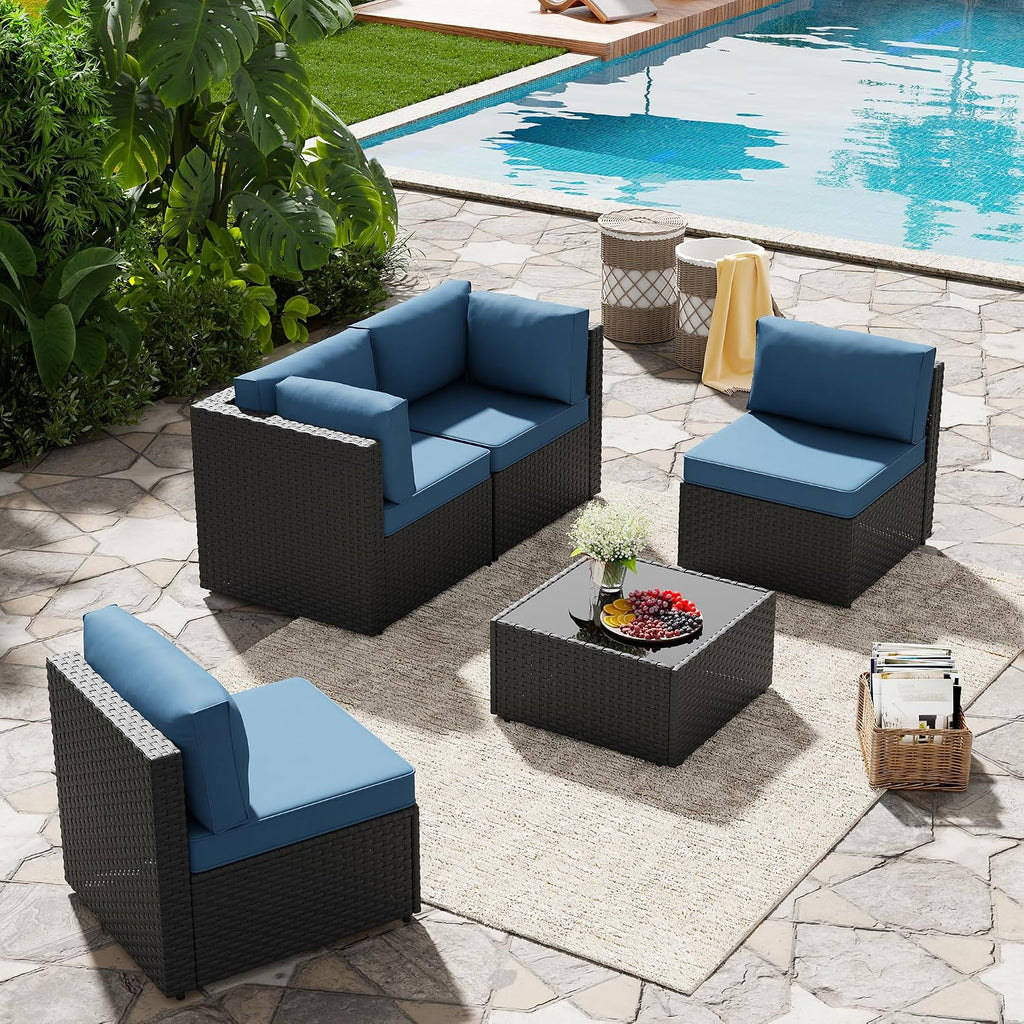 SUNLEI 5pcs Patio Furniture Sets Conversation Set, Low Back All-Weather Rattan Sectional Sofa with Tea Table&Washable Couch Cushions, Outdoor Furniture Set