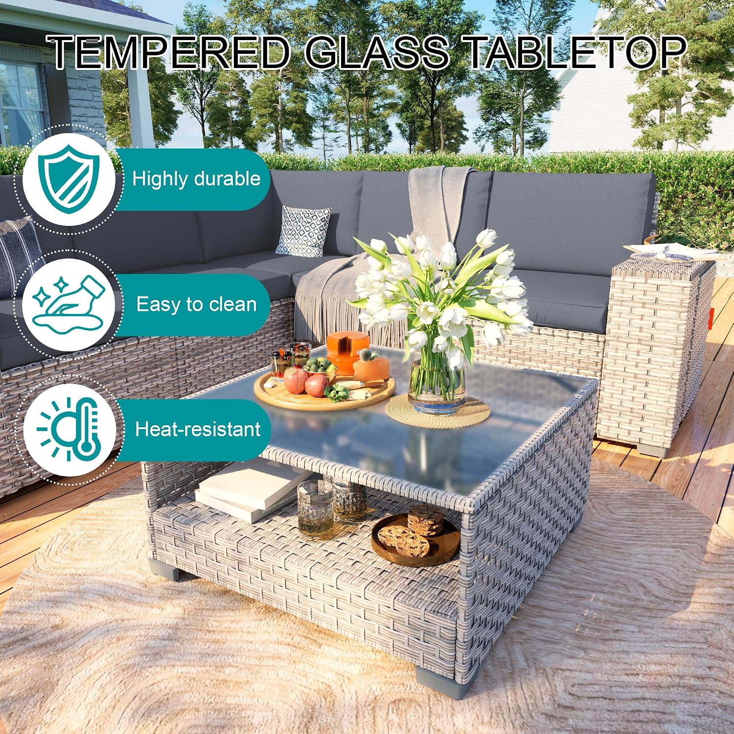 6-Piece Patio Furniture Set, Outdoor Extra Wide Armrest Modular Patio Sofa, Dual-Strand Rattan Wicker, Rust-Resistant Frame, Backyard High Back, Large Seat Furniture for Porch Garden Balcony, Grey