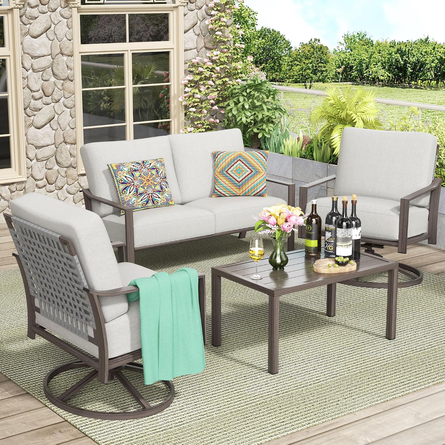 NATURAL EXPRESSIONS Patio Furniture Set,4 Piece Outdoor Conversation Metal Swivel Rocking Chairs Set with Hand-Woven Rope High Back,Sturdy Hand Brushed Wood Grain Finish Frame,6' Cushions for Yard
