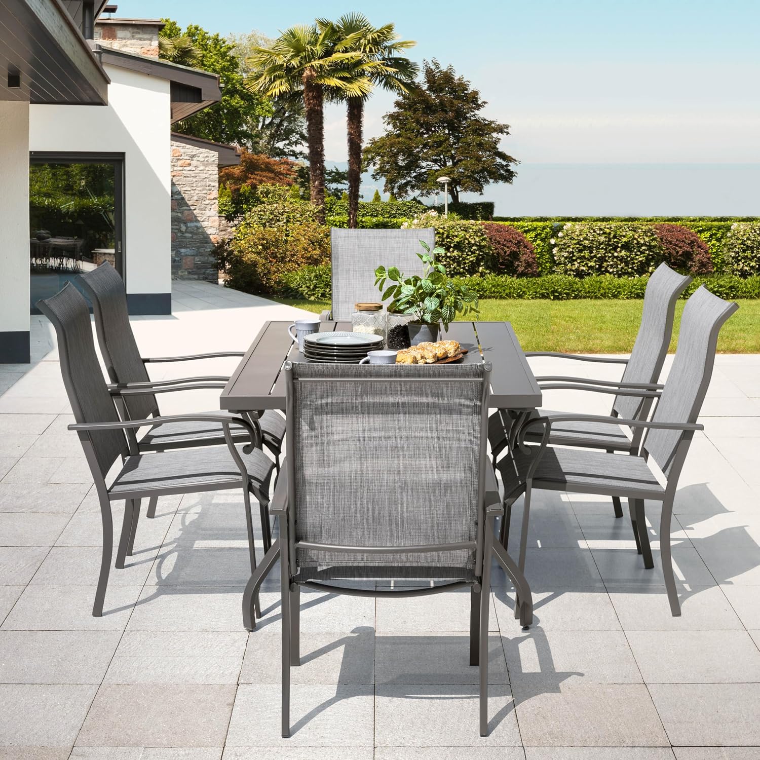 NUU GARDEN Outdoor Patio Dining Set 7 Piece Furniture Set Including 61'x37' Rectangular Outdoor Metal Patio Dining Table and 6 Gray Textilene Chairs for Garden, Patio and Poolside Backyards