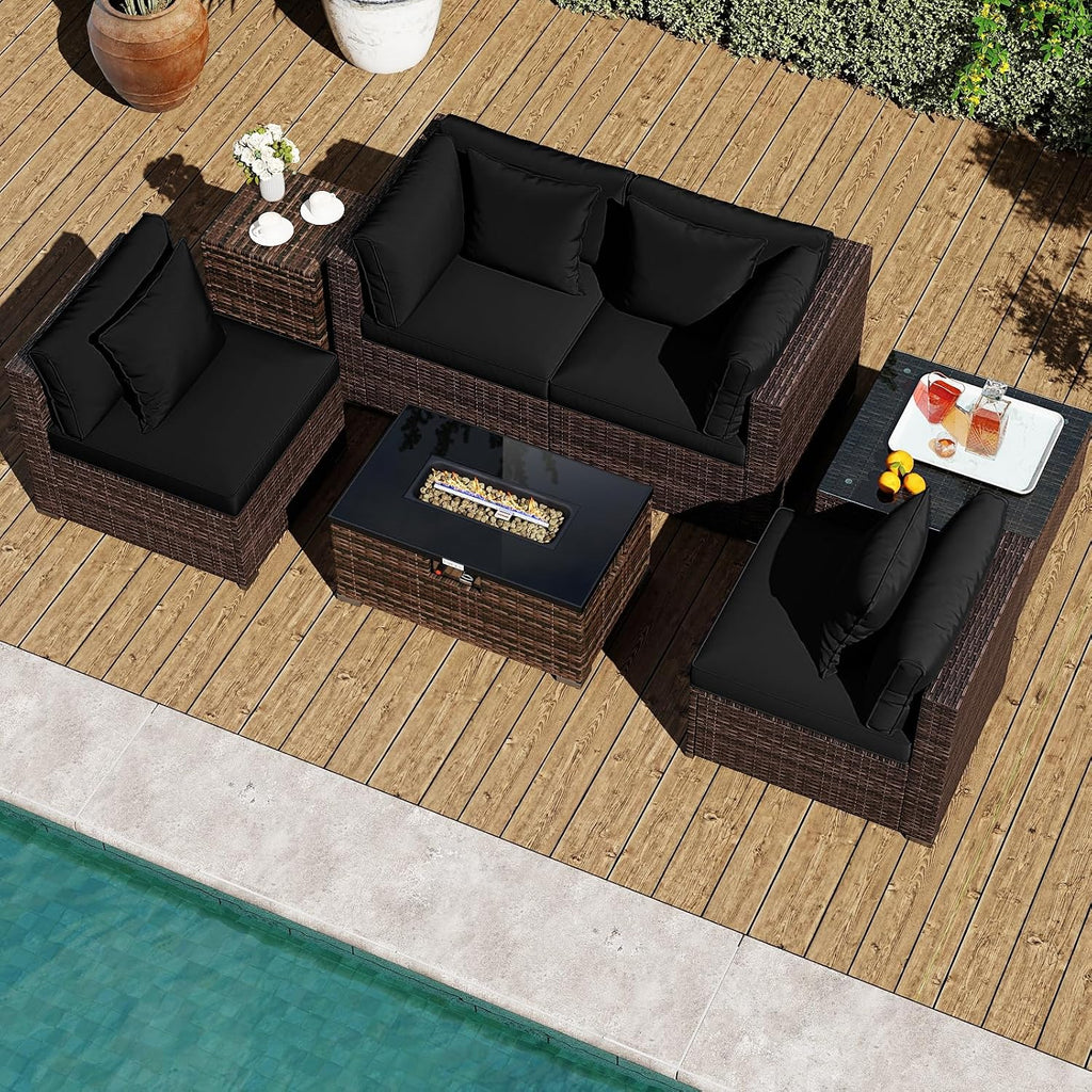 Tangkula 7 Pieces Wicker Patio Furniture Set with 40,000 BTU Gas Fire Pit Table & Propane Tank Cover Table & Glass Top Coffee Table, for Garden, Backyard and Poolside (Black)