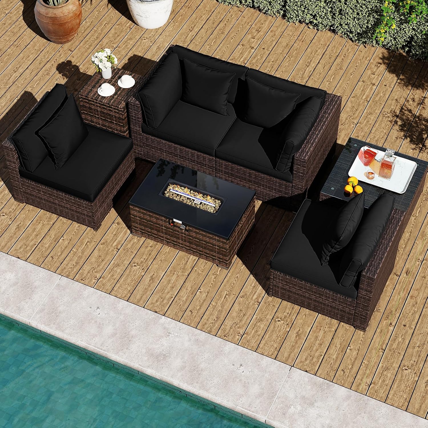 Tangkula 7 Pieces Wicker Patio Furniture Set with 40,000 BTU Gas Fire Pit Table & Propane Tank Cover Table & Glass Top Coffee Table, for Garden, Backyard and Poolside (Black)