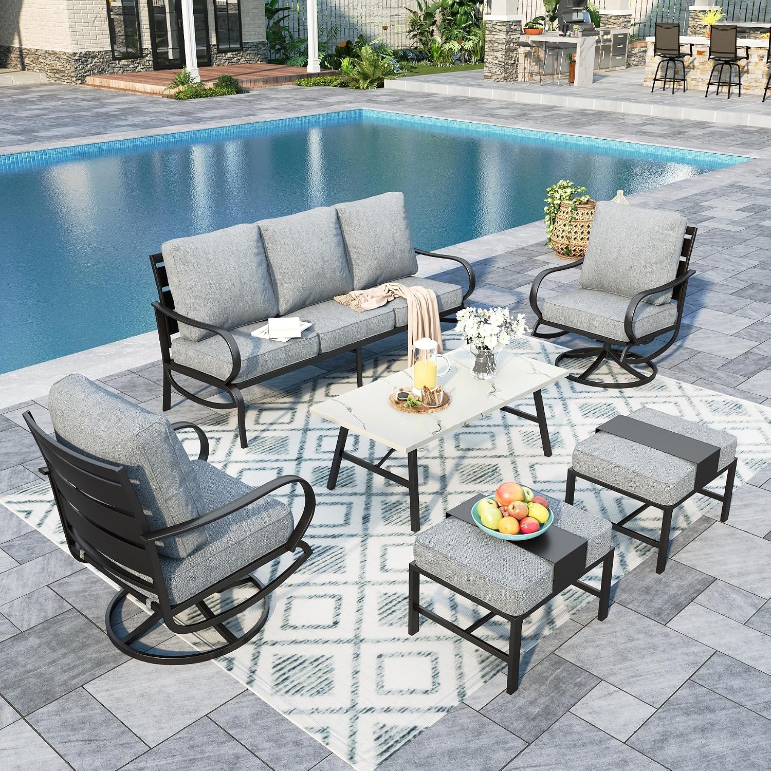 Sophia & William Patio Furniture Sets 7 Seats Outdoor Conversation Set 6 Pcs,2 x Cushioned Swivel Sofa Chairs,1 x 3-Seat Sofa,2 Ottomans, Marbling Metal Coffee Table Patio Backyard Poolside Grey