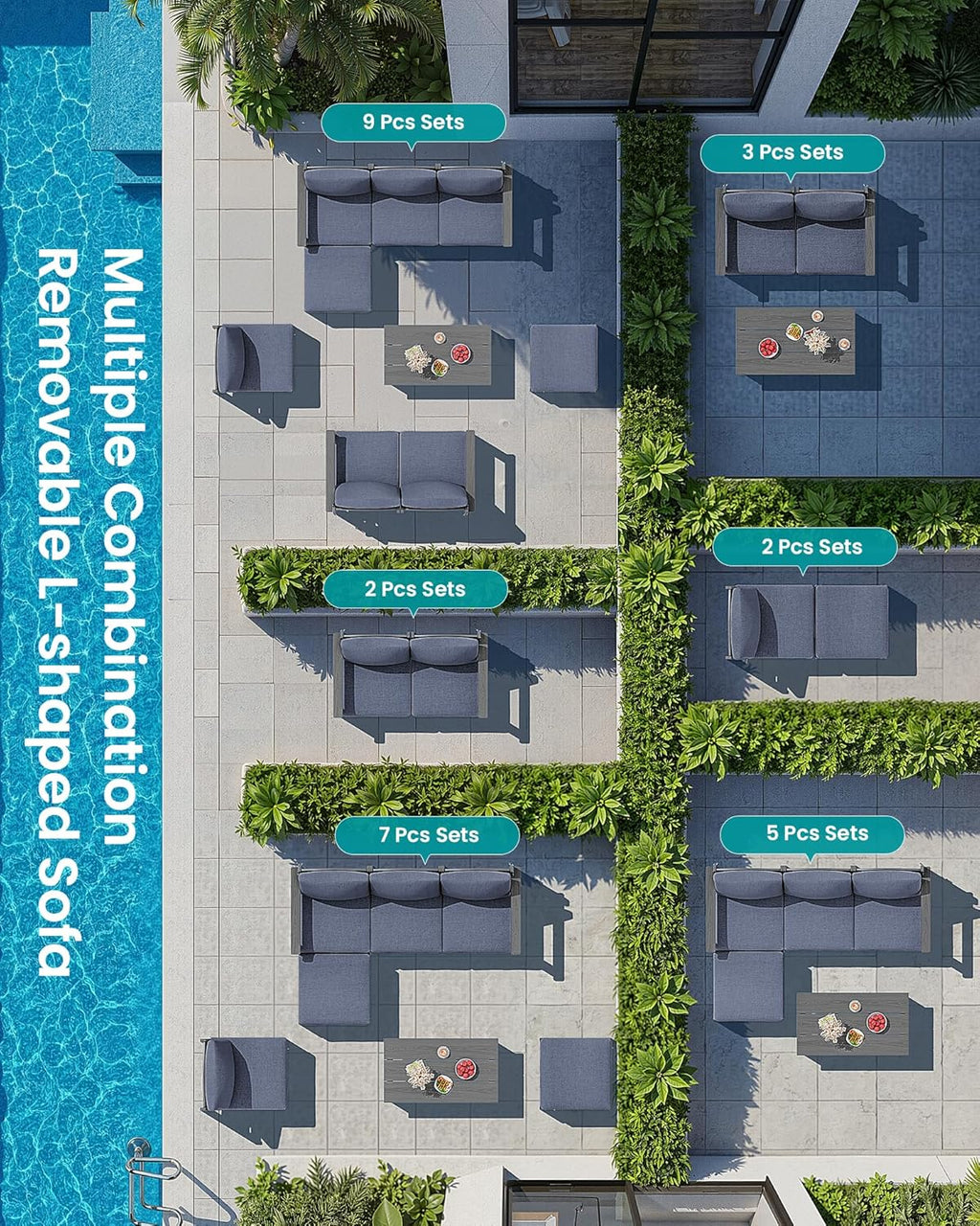SERWALL 2 Pieces Patio Sofas, HDPE Outdoor Conversation Set with Cushions and Ottoman, Modular Sectional Patio Furniture for Backyard, Deck, Garden, Poolside, Grey Frame with Grey Cushion