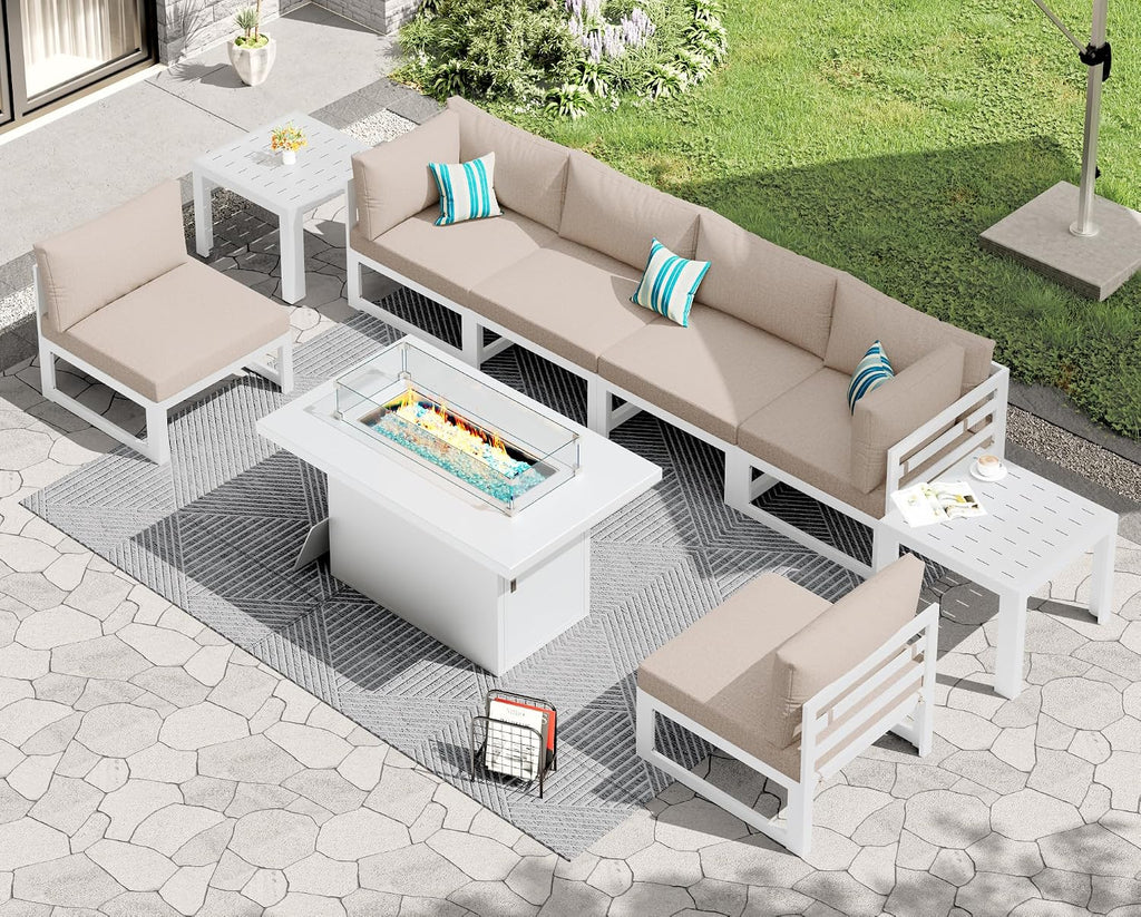 RADIATA 6 Seat Large Luxury Aluminum Patio Conversation Set with Fire Pit Table & Side Table, 29 inch Wide Deep Seated, U Shaped Sectional Couch, 500 lbs Heavy Duty Outdoor Sofa for Backyard, Beige