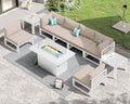 RADIATA 6 Seat Large Luxury Aluminum Patio Conversation Set with Fire Pit Table & Side Table, 29 inch Wide Deep Seated, U Shaped Sectional Couch, 500 lbs Heavy Duty Outdoor Sofa for Backyard, Beige