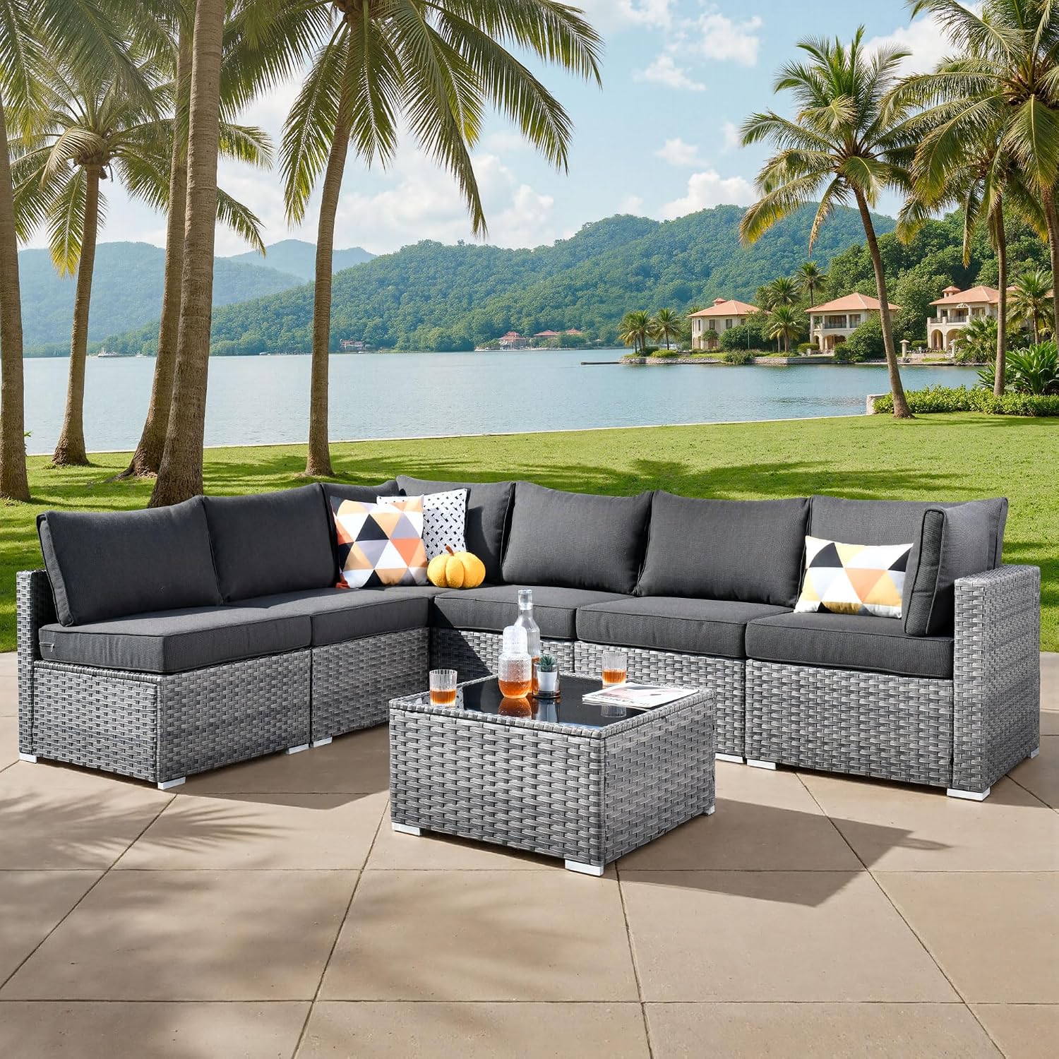 ovios Outdoor 7 Piece Coversation Set with Coffee Table,Sectional Patio Furniture Set with All-Weather Wicker Sofa,Modern Outside Couch for Balcony Backyard Pool, Black