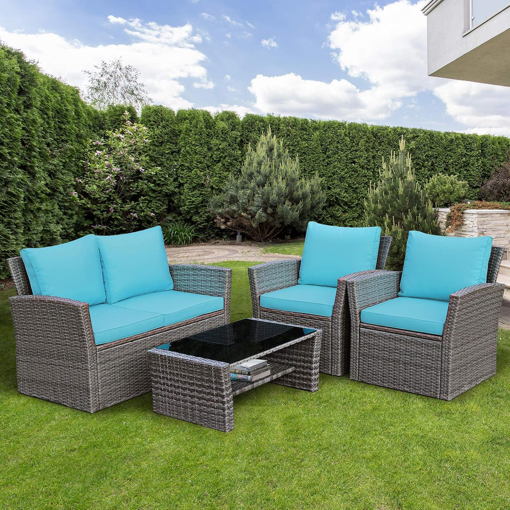 COSTWAY 4 Pieces Patio Rattan Furniture Set, Outdoor Wicker Sofa Set with Tempered Glass Coffee Table, Cushions, All Weather Rattan Conversation Set for Yard Balcony Backyard Pool (Turquoise)