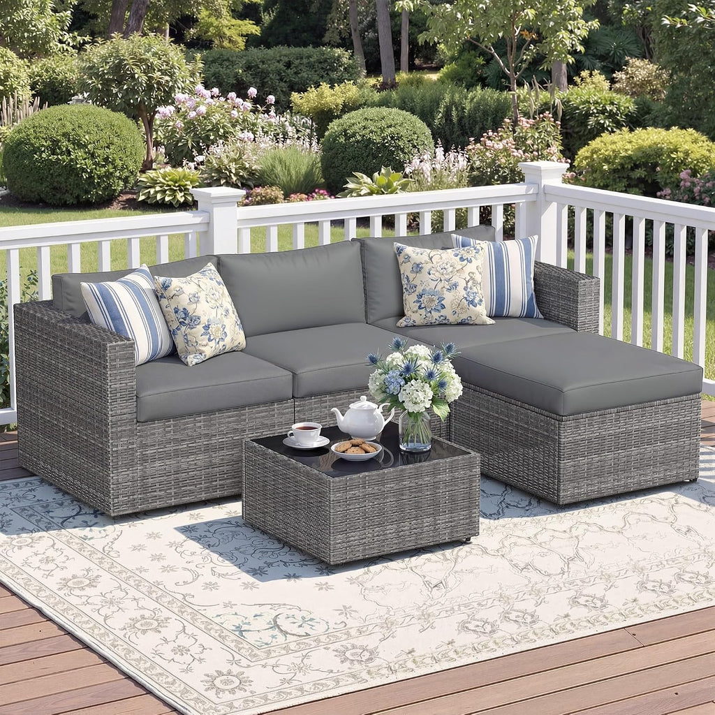Wisteria Lane 5-Pieces Outdoor Patio Furniture Set, All Weather Wicker Rattan Sectional Sofa, Patio Conversation Set with Cushions & Glass Coffee Table for Backyard Porch Garden Balcony, Grey