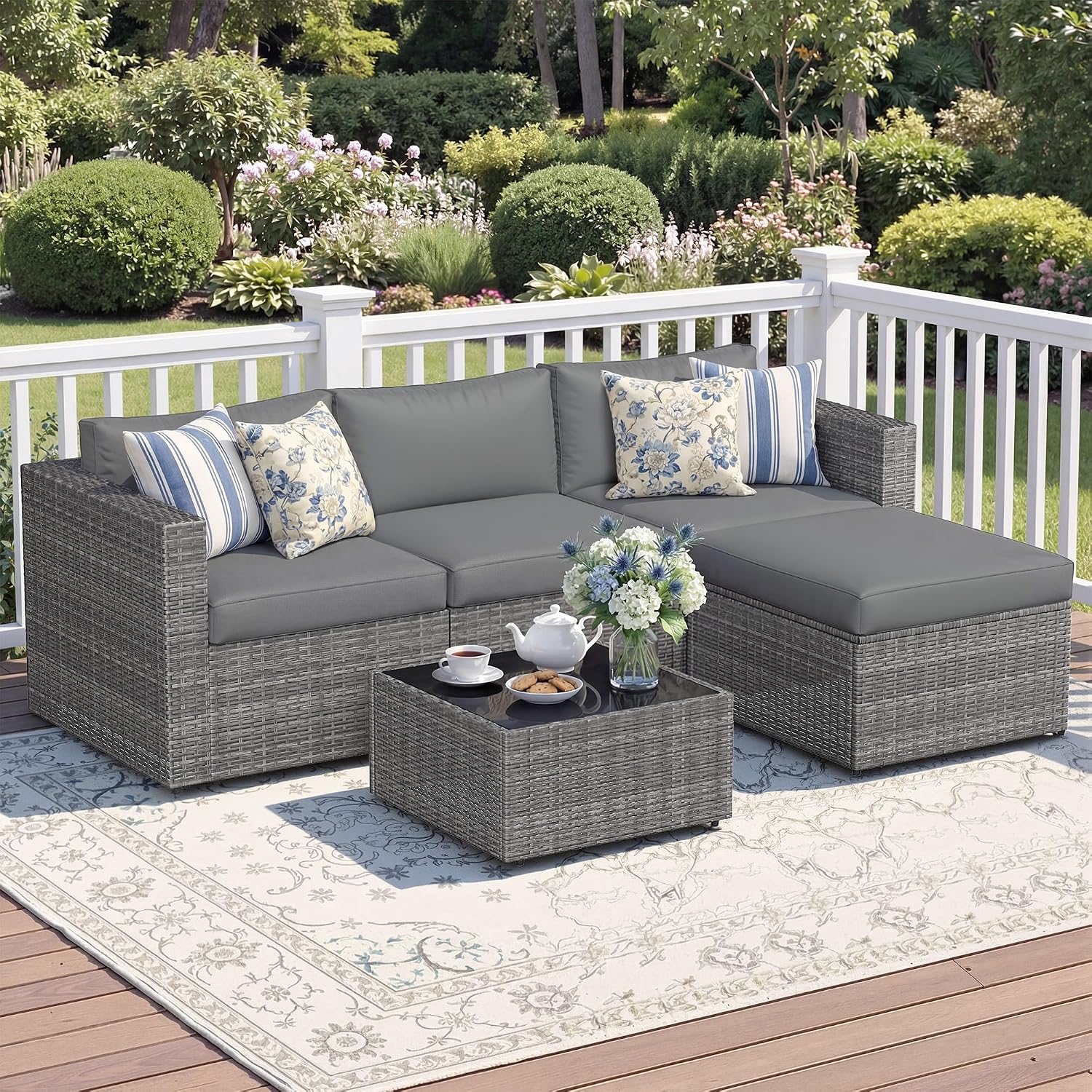 Wisteria Lane 5-Pieces Outdoor Patio Furniture Set, All Weather Wicker Rattan Sectional Sofa, Patio Conversation Set with Cushions & Glass Coffee Table for Backyard Porch Garden Balcony, Grey
