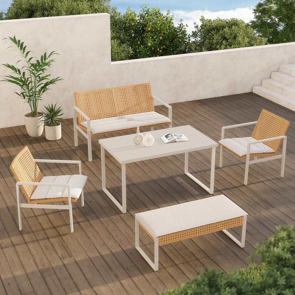 Grand patio 5-piece Outdoor Dining Set, Wicker Patio Dining Table Set for 6 with Seat Cushion, Modern Metal Outdoor Furniture Loveseat Chairs Bench Set for Backyard Garden Deck