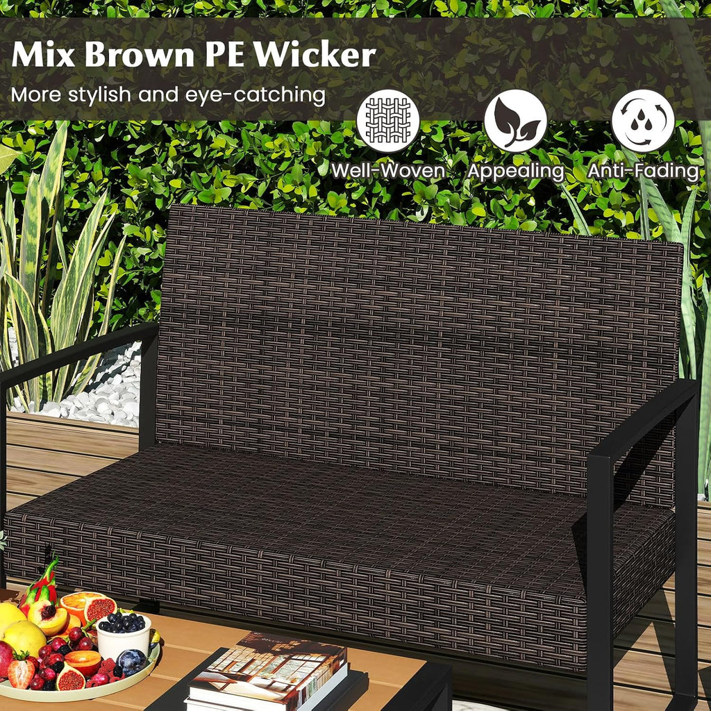 Tangkula 4 Pieces Patio Furniture Set, Outdoor Rattan Conversation Set w/Cushioned Chairs & Wood Plastic Coffee Table, Wicker Sectional Seating Furniture for Backyard, Poolside, Porch (Off White,1)