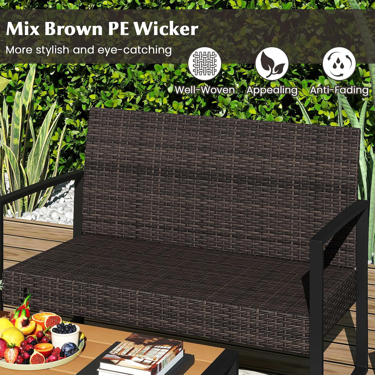 Tangkula 4 Pieces Patio Furniture Set, Outdoor Rattan Conversation Set w/Cushioned Chairs & Wood Plastic Coffee Table, Wicker Sectional Seating Furniture for Backyard, Poolside, Porch (Off White,1)