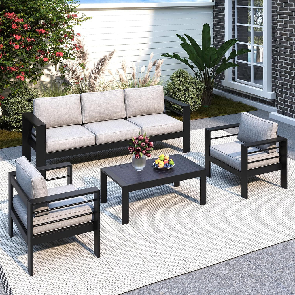 Solaste Aluminum Patio Furniture Set for All Weather, Oversized Outdoor Furniture Set with 27.5' Deep Seating and 3.2' Wide Armrest, Outdoor Patio Conversation Sets with 5' Cushion,Black and Grey