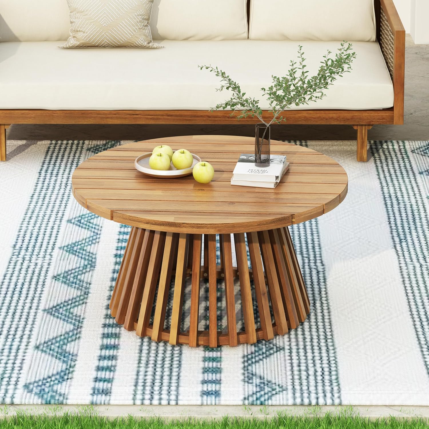 Christopher Knight Home Claremont Patio Sofa and Coffee Table Set, 2 Piece Wicker Patio Furniture Set, Acacia Wood 3 Seater Outdoor Sofa Daybed and Coffee Table Set, Teak+Dark Teal