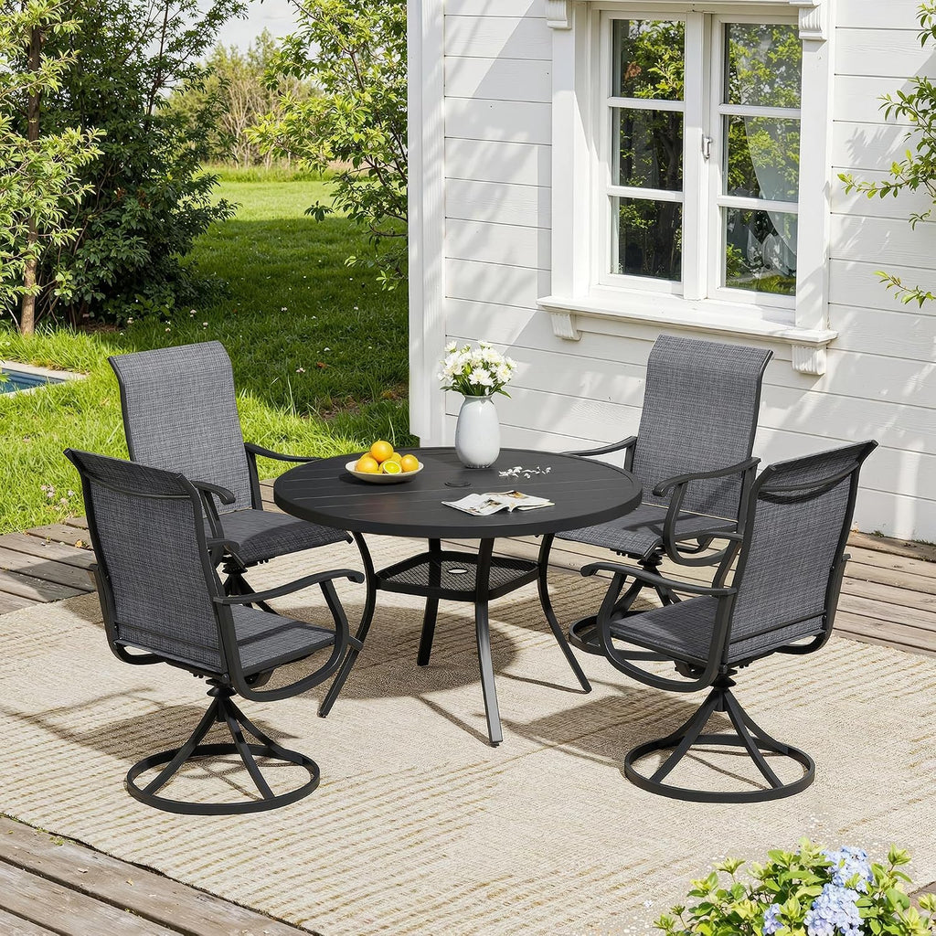 VICLLAX Outdoor Dining Set for 4, Patio Furniture Set of 4 Patio Swivel Dining Chairs and 41' Patio Round Table with Storage Shelf, Dark Charcoal Chairs & Black Tabletop