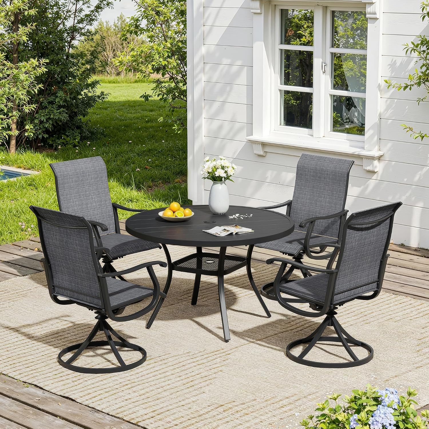 VICLLAX Outdoor Dining Set for 4, Patio Furniture Set of 4 Patio Swivel Dining Chairs and 41' Patio Round Table with Storage Shelf, Dark Charcoal Chairs & Black Tabletop