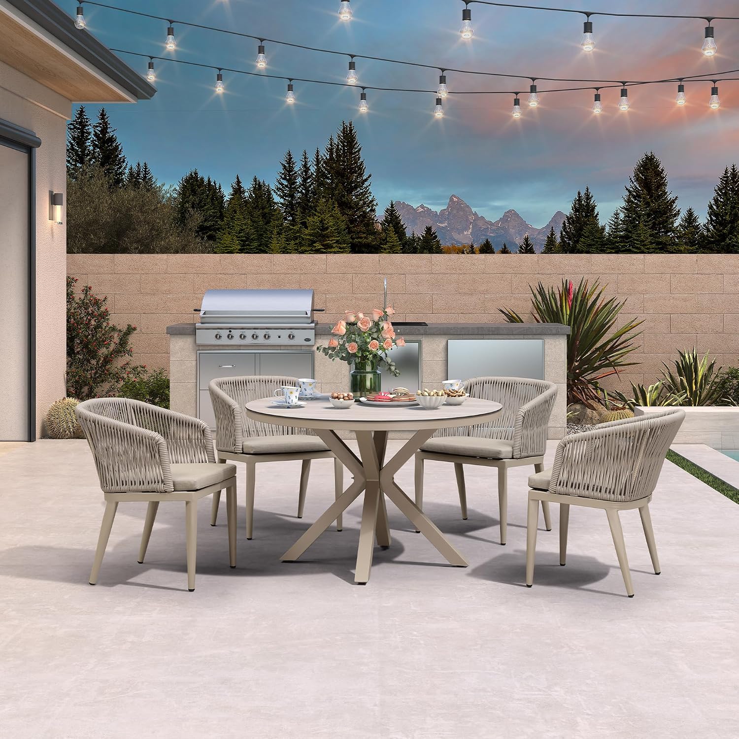 PURPLE LEAF 5 Pieces Oversized Round Patio Dining Set Aluminum Frame and Wicker Rattan Arm Chairs with Cushions for Garden Porch Kitchen Modern Outdoor Champagne