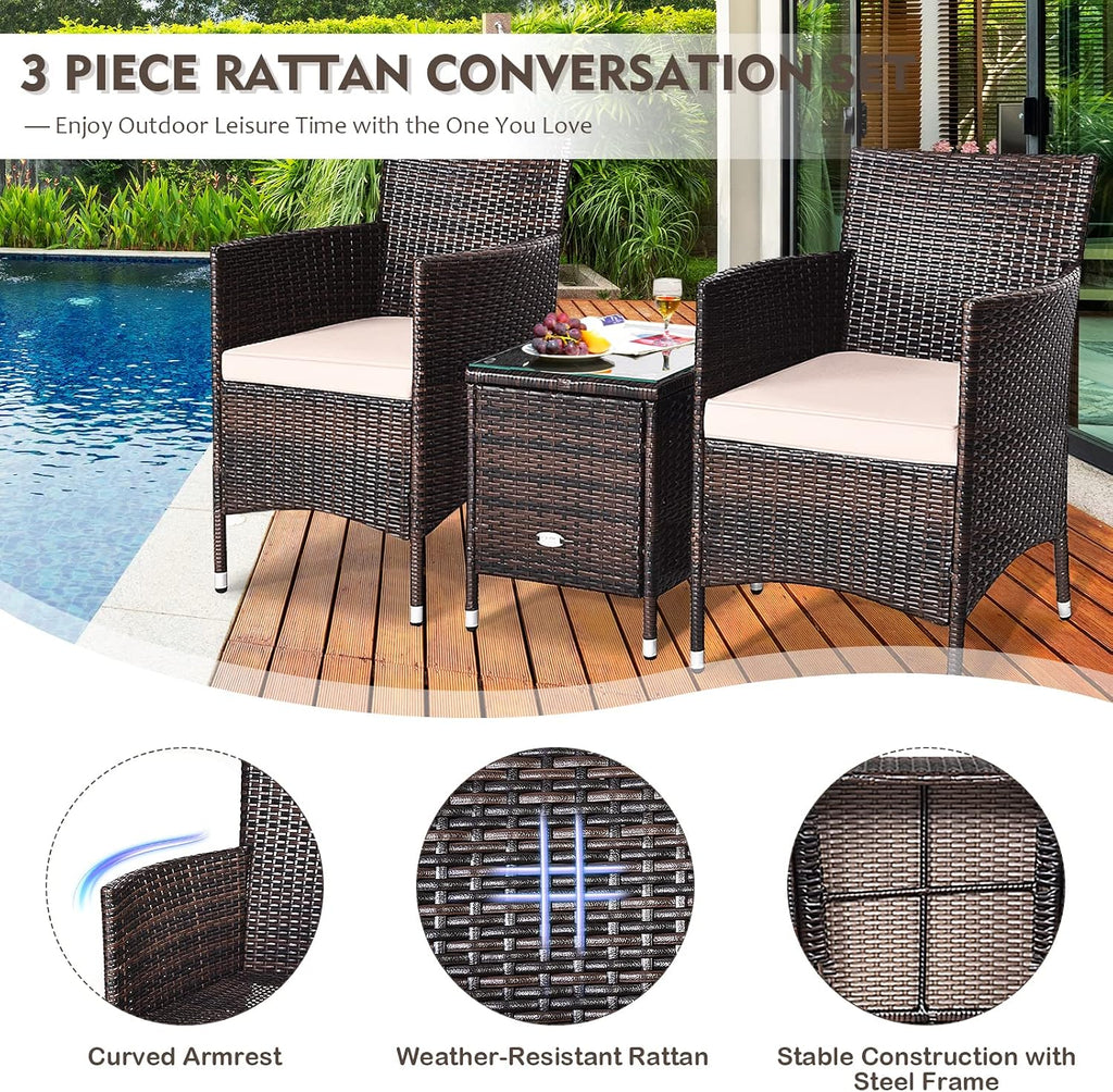 DORTALA Wicker Patio Furniture Set 3 Piece, Small Outdoor Table & Chairs Set with Cushions, All-Weather Rattan Conversation Bistro Set for Balcony, Porch, Backyard, Deck, Beige