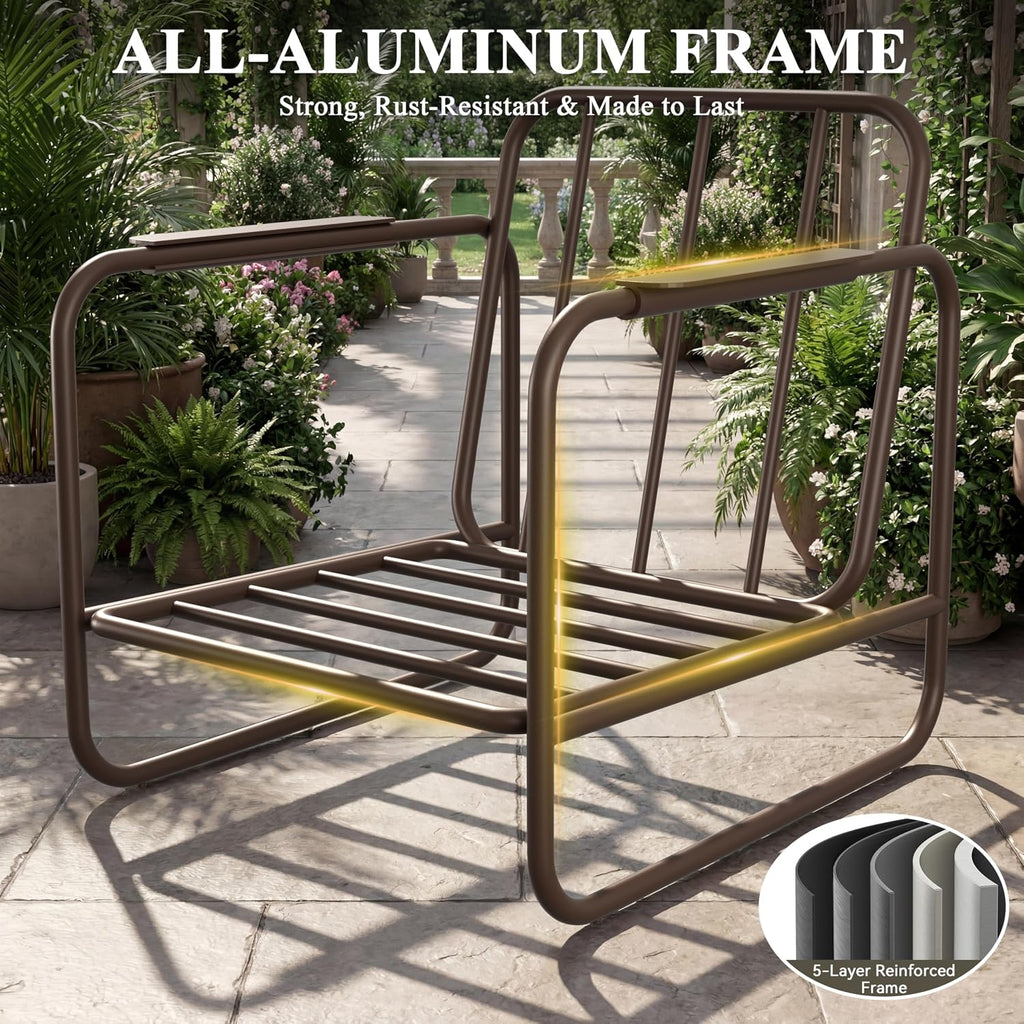 3 Piece Outdoor Chair Set with Side Table, 2 Patio Accent Chairs & Coffee Table, Sturdy Aluminum Frame, 6' Thick Cushions, 24' Wide Seat, All-Weather for Porch Deck Backyard, Brown