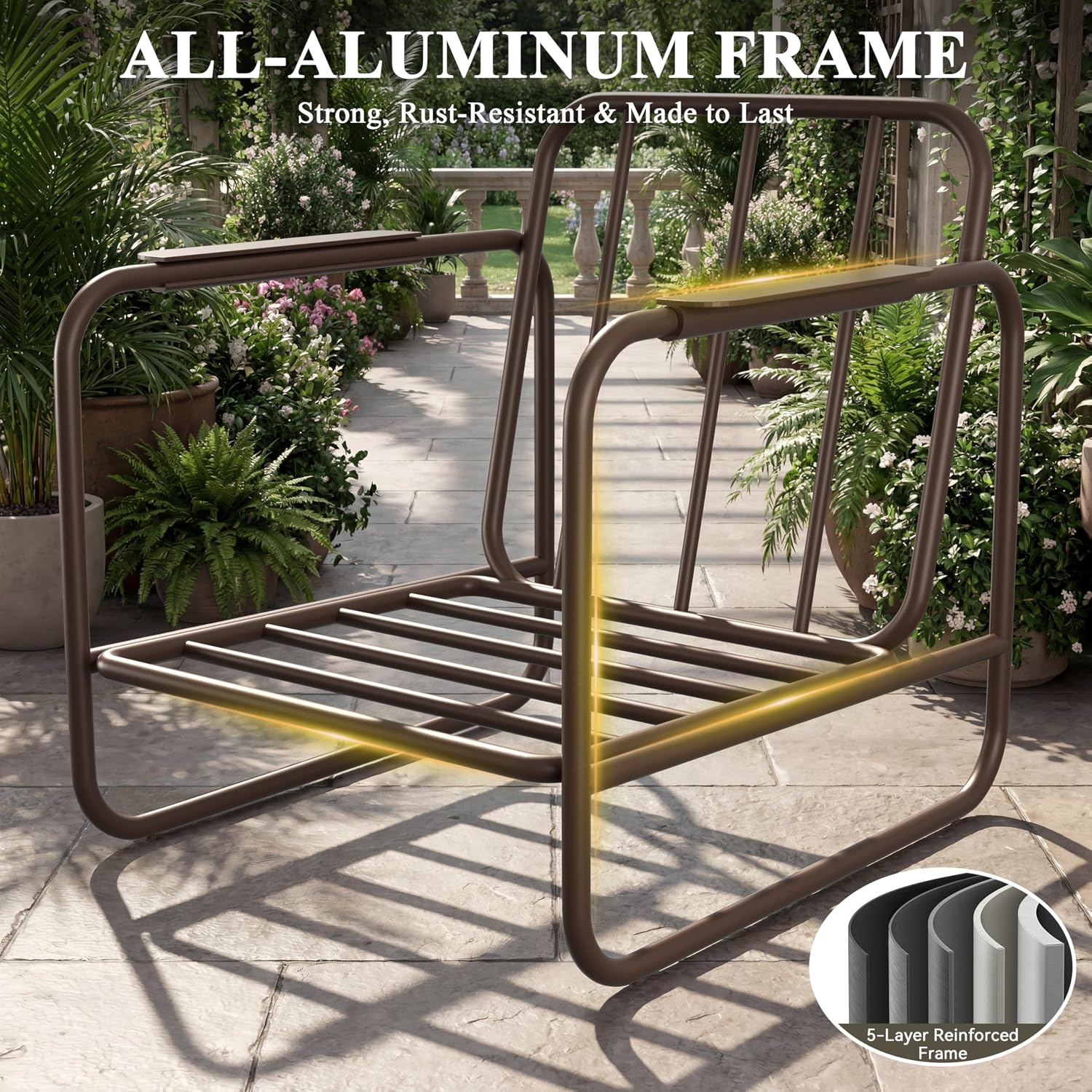 3 Piece Outdoor Chair Set with Side Table, 2 Patio Accent Chairs & Coffee Table, Sturdy Aluminum Frame, 6' Thick Cushions, 24' Wide Seat, All-Weather for Porch Deck Backyard, Brown